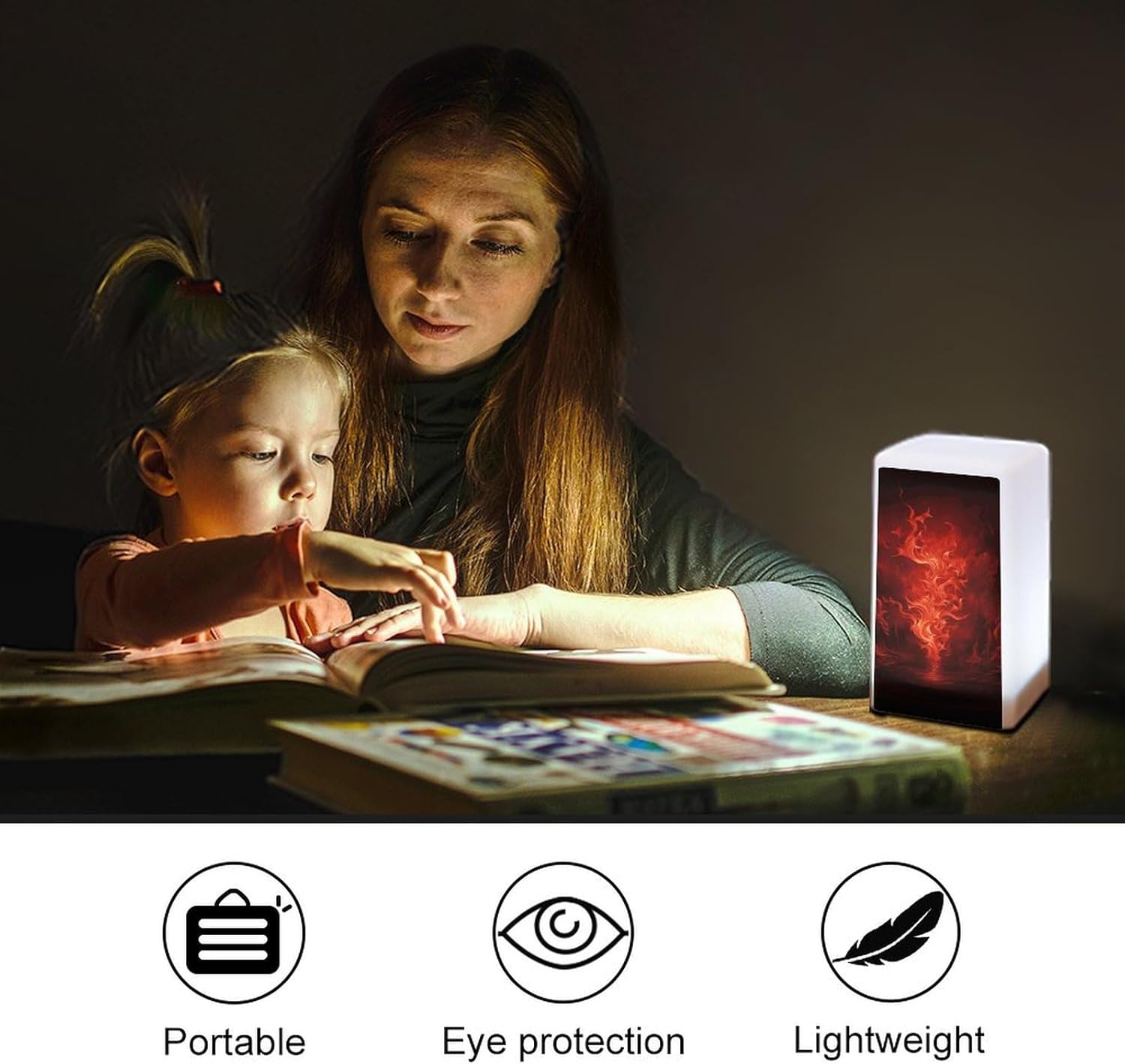 Desk Lamp Table Lamp with 2 Lighting Modes Battery Operated Red Flame Reading Lamp for Bedroom Nightstand