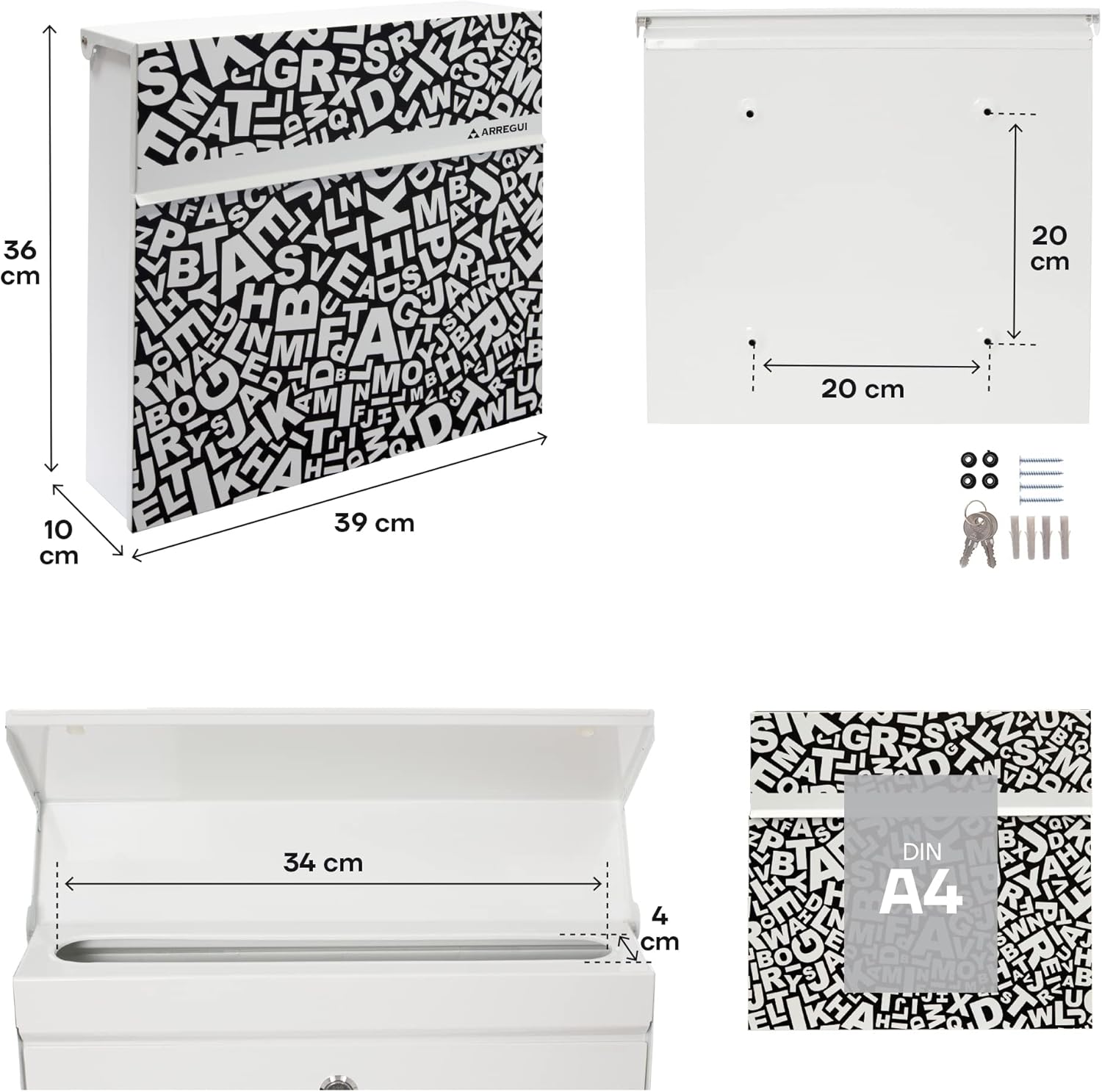 Arregui Plate E6512 Large Capacity Steel Mailbox, White