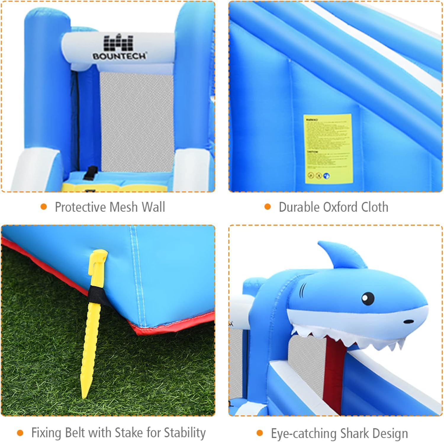 BOUNTECH Inflatable Water Slide, Shark Water Slide Park Jump Castle Bounce House w/Long Slide, Climbing, Water Cannon, Splash Pool, Backyard Blow up Shark Water Slides Inflatables for Kids Outdoor