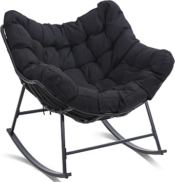 KROFEM Oversized Papasan Rocking Chair Glider, All-Weather PE Wicker Patio Rocker with Thick Cushion, Indoor Outdoor Accent Chair for Living Room, Porch, Balcony, Black