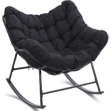 Oversized Papasan Rocking Chair Glider, All-Weather PE Wicker Patio Rocker with Thick Cushion, Indoor Outdoor Accent Chair for Living Room, Porch, Balcony, Black