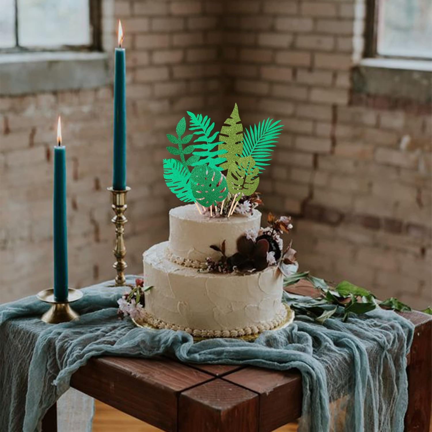 Buy 7 PCS Glitter Tropical Leaves Cake Toppers Green Jungle Plants Cake
