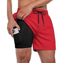 Men Swim Trunks with Compression 5 Inches Breathabe Liner Quick Dry Zipper Pockets for Board Beach Gym Running