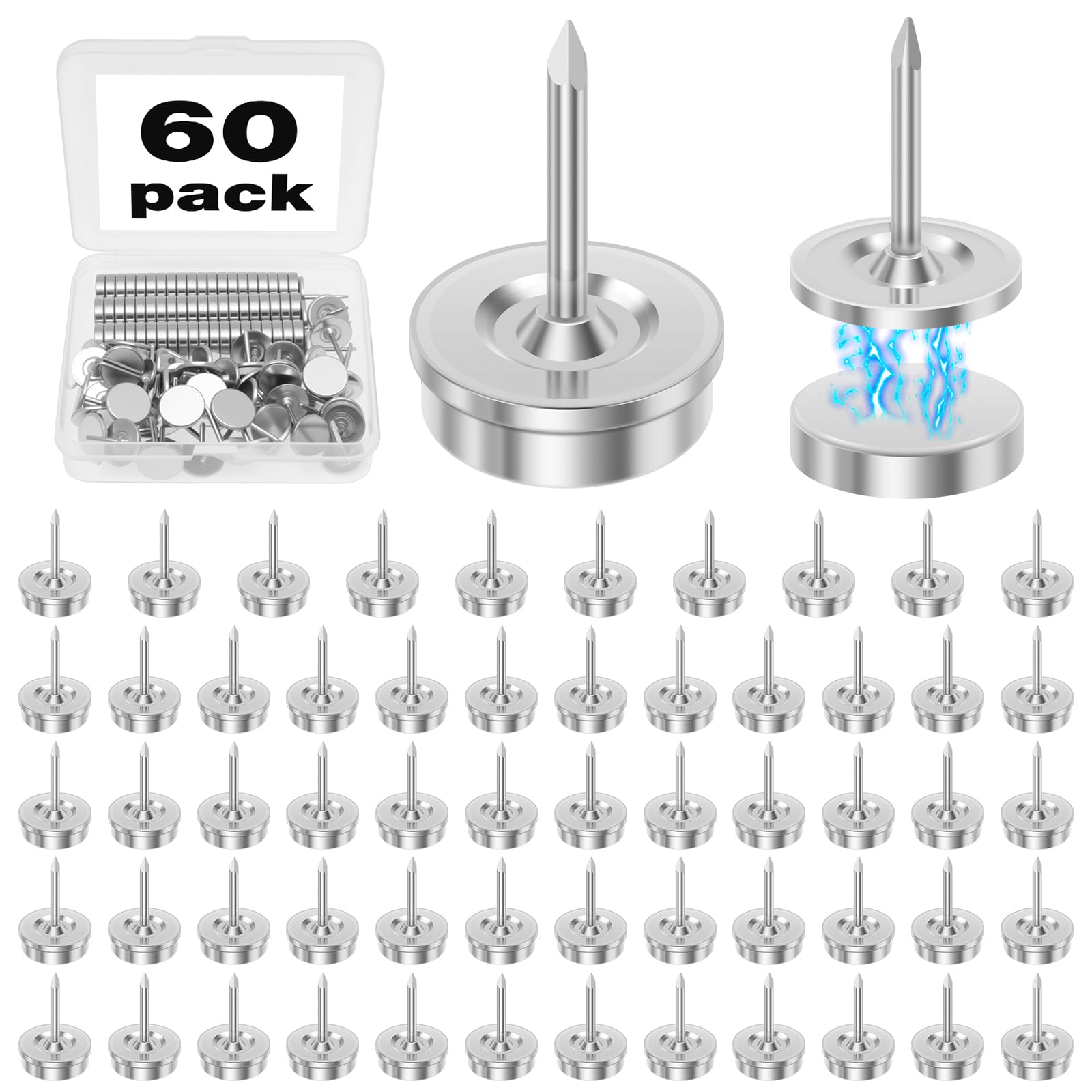 Yunyouc 60Pcs 60 Sets Of Magnetic Push Pins, Reusable Magnet Thumb Tacks, Sturdy Magnetic Poster Hanger For Cork Board Kt Board(60Pcs)