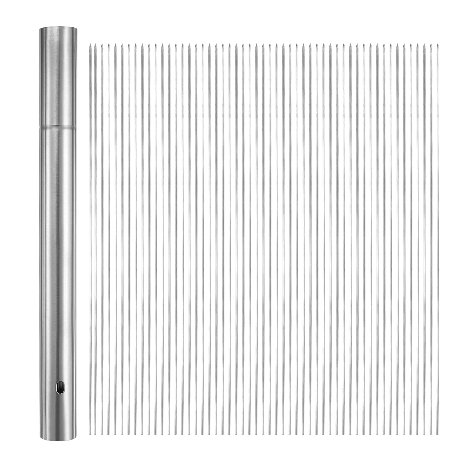 QUARKZMAN Pack of 100 Metal Kebab Skewers 30 cm x 2.8 mm Stainless Steel Round Sticks Reusable BBQ Barbecue Skewers Outdoor Grill Stick with Tube Storage for Meat, Shrimp, Fruit and Vegetables