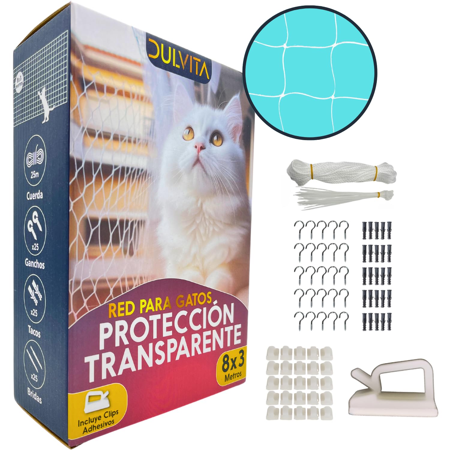 DULVITA® Red para Gatos de 8x3m Transparente, con Ganchos Adhesivos, Malla Protectora para Balcón y Ventanas Eficaz, Pack Red para Gatos Terraza con Accesorios x25