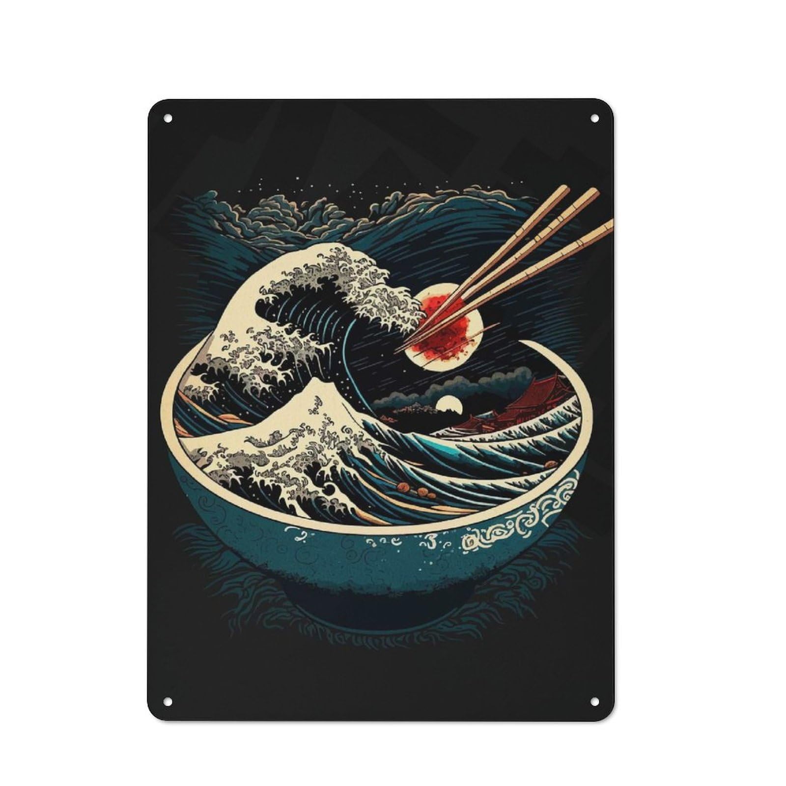 Junmoney Ramen Bowl With Great Wave Classic Tin Wall Sign 40X30cm, Diner Style Decor For Coffee Bar, Kitchen, Bistro Or Tea Corner