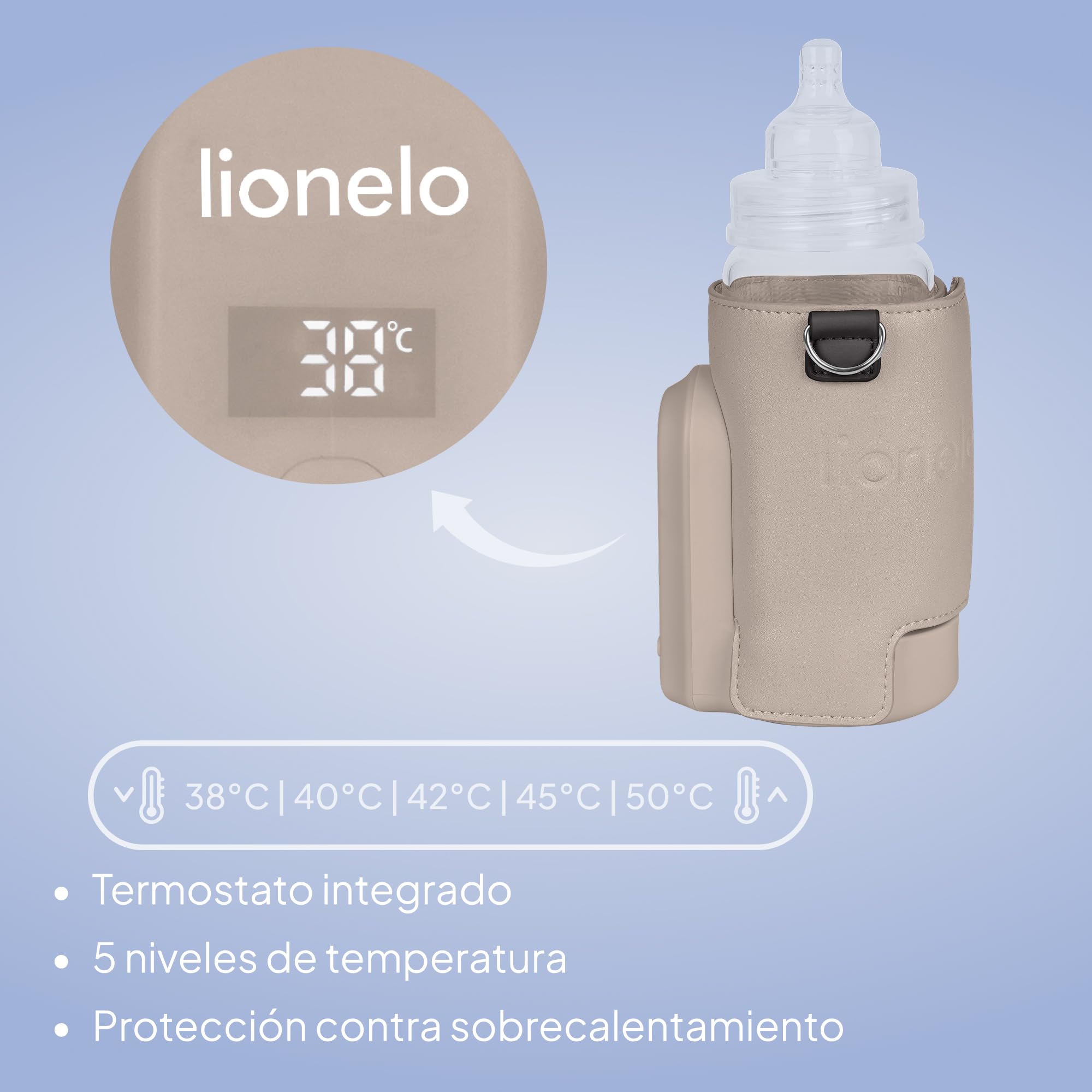 LIONELO Thermup Go Evo Calientabiberones Portátil Para Bebé, Mantiene los Líquidos Calientes, 5 Temperaturas de Funcionamiento de 38 a 50 oC, hasta 9 horas de Funcionamiento Pantalla LCD (Beige topo) | Mantiene calientes los líquidos, 5 temperaturas de 38