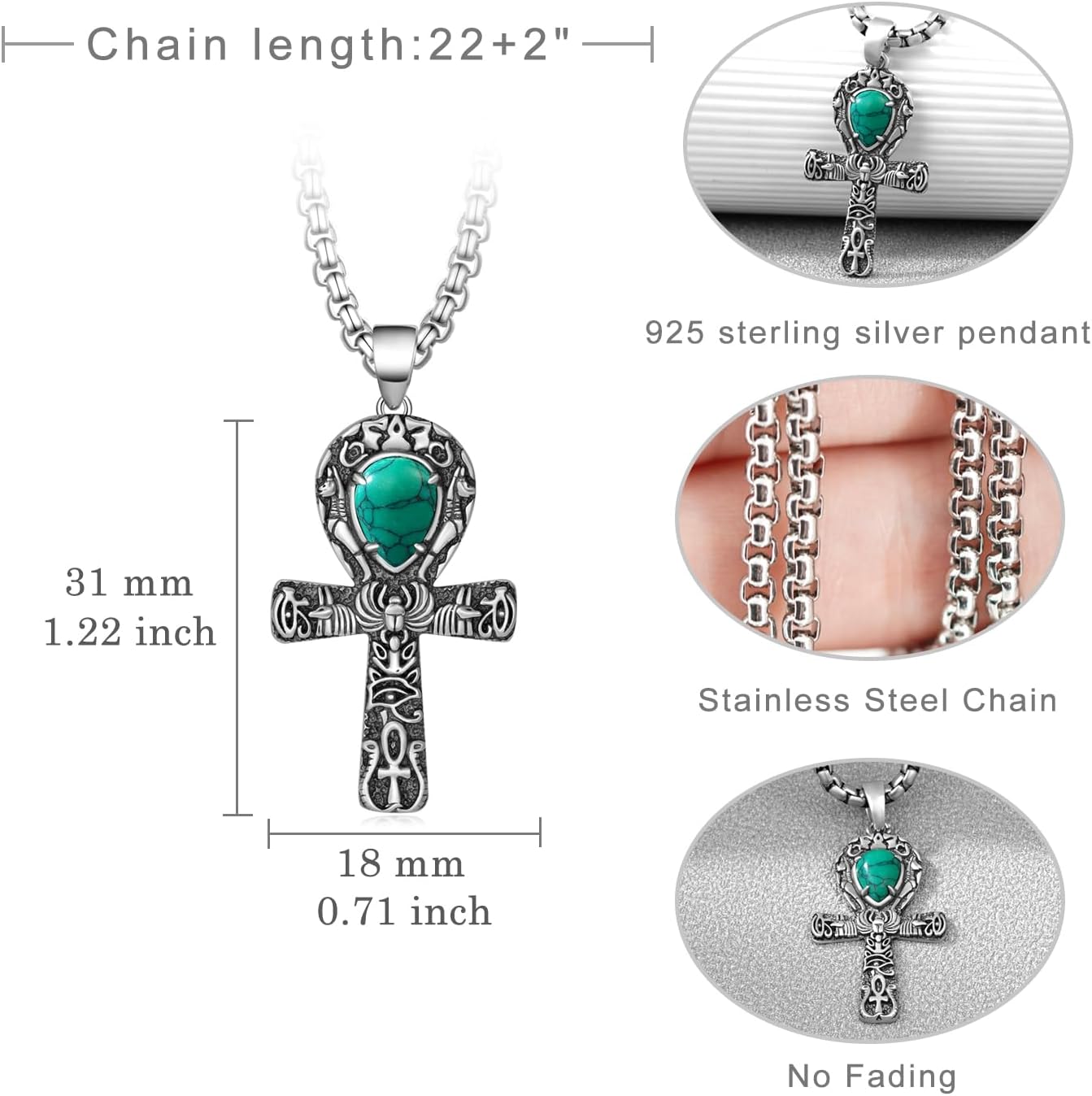 Ankh Cross Necklace 925 Sterling Silver Turquoise Ankh Pendant Necklaces for Men Women Vintage Egyptian Amulet Jewelry Gifts - Image 2