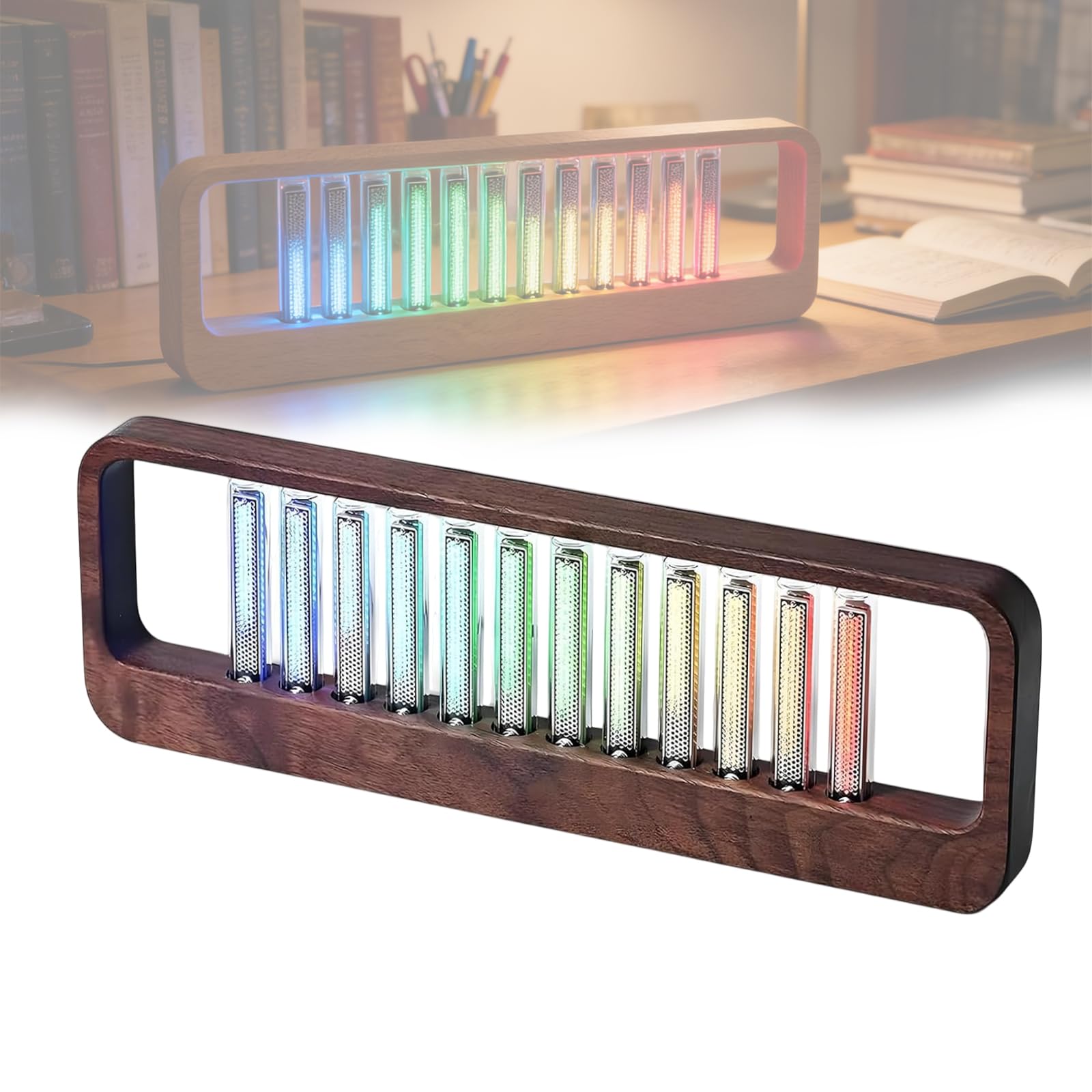 TsoLay RGB Sound Pickup Spektrum Lampe Led Musikspektrum Display Mit 12 LeuchtröHren Massivholzsockel Hochempfindlicher Audio Rhythmus Visualisierer FüR Gaming Zimmer Studio Party Und Heimdekoration