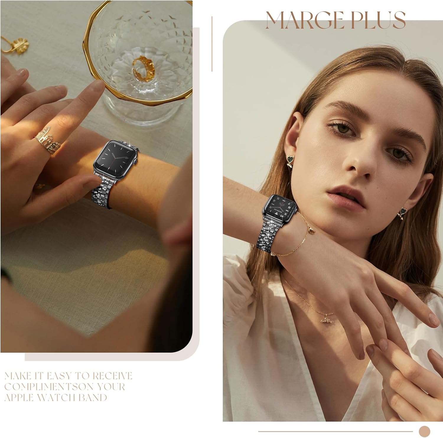 MARGE PLUS Compatible with Apple Watch Bling Band Women 38mm 40mm 41mm 42mm Series 11 10 9 8 7 6 5 4 3 2 1 SE, Upgraded Sparkle Replacement Bracelet iWatch Band, Diamond Rhinestone Stainless Steel Metal Strap