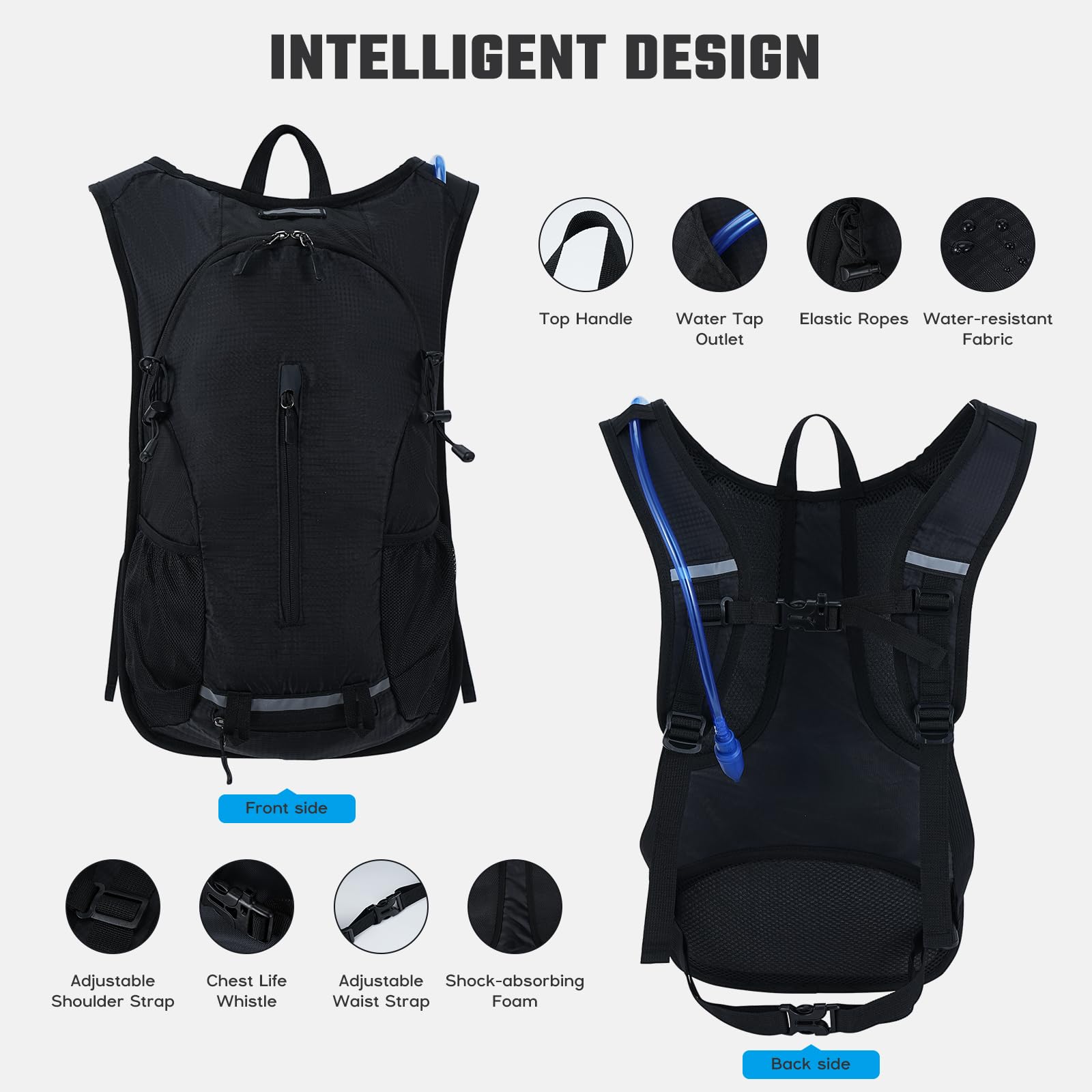 Hydration Backpack with 2L Water Bladder, Lightweight Water Backpack Breathable Hydration Pack for Women Men Cycling Running Camping Climbing — view 3