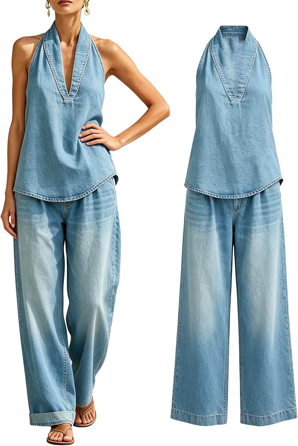 Cozy Minimalist Two-Piece Denim Set - Halter Neck Top & Flowy Wide Leg Pants, Matching Daily Leisure Outfits