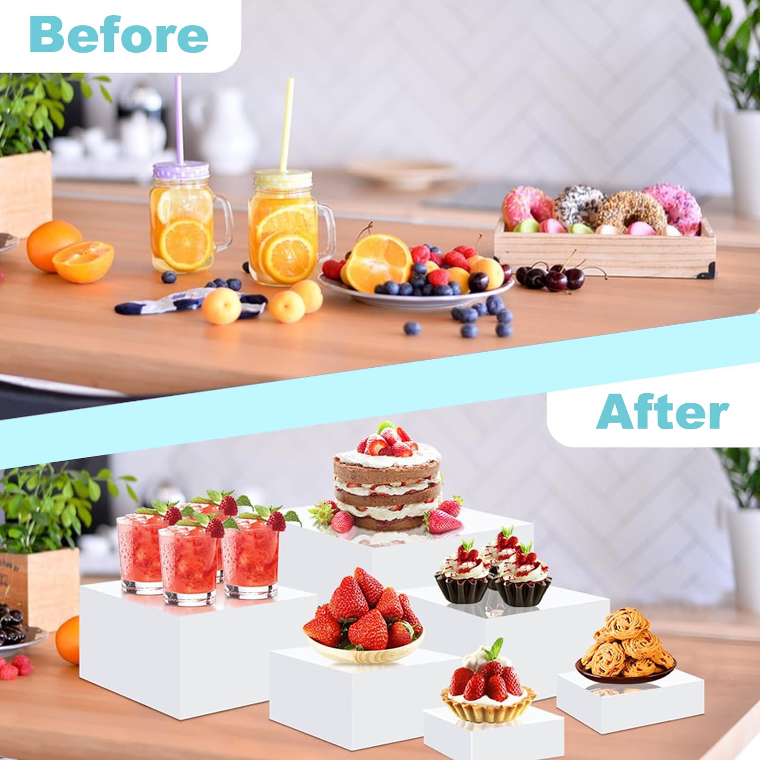 8 Pz Alzate di Display in Acrilico, Espositore da Buffet per Aperitivo, 3" -10" Supporto Cubico Annidabile Bianco per Torte, Dessert, Gioielli, Alzatine per Allestimenti