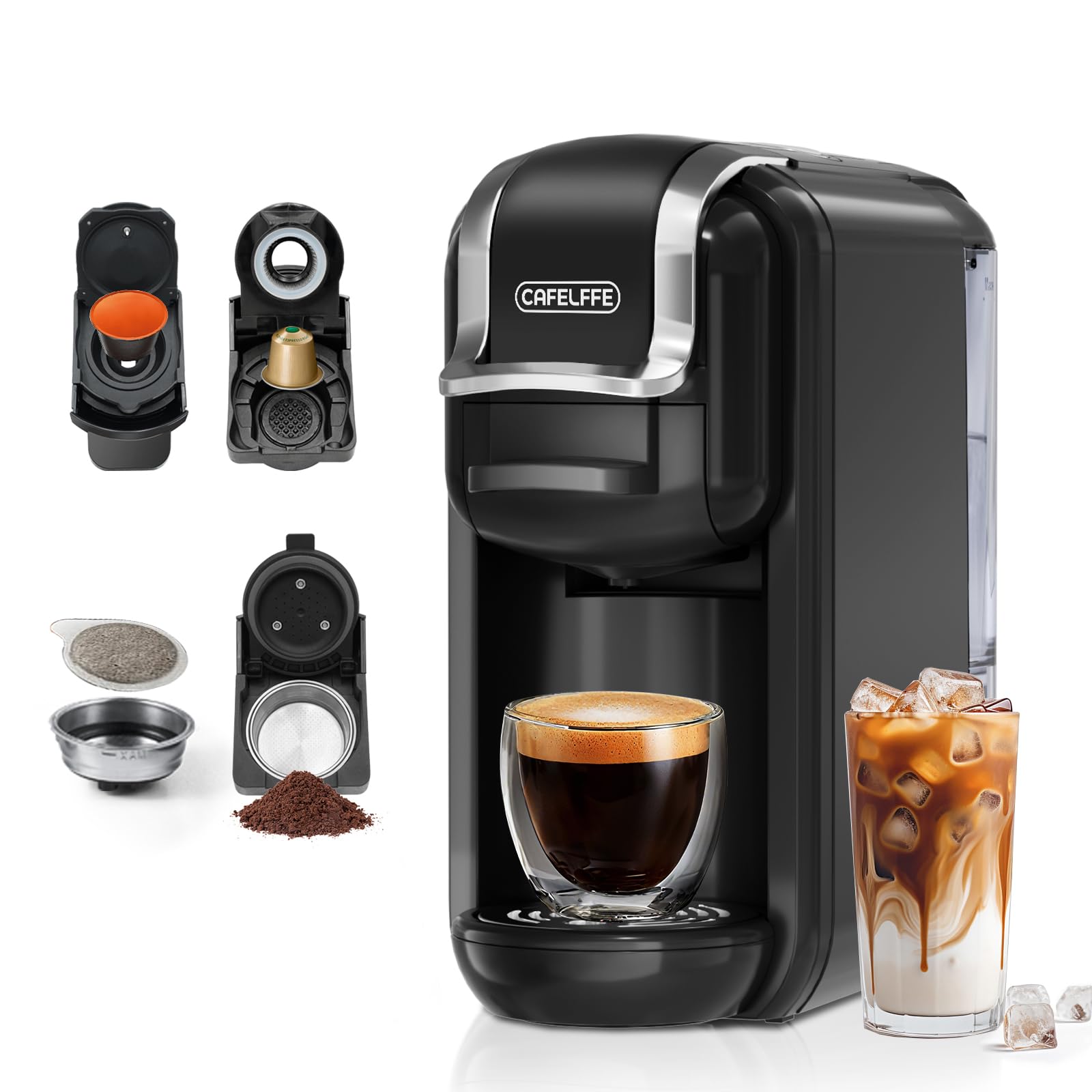 CAFELFFE Cafetera de cápsulas MK-603 4 en 1, café frío/caliente, 19 bares, compatible con cápsulas Nec* Original, DG*, ESE y café molido, modelo de bajo consumo, depósito de agua de 0,6 l, ideal para