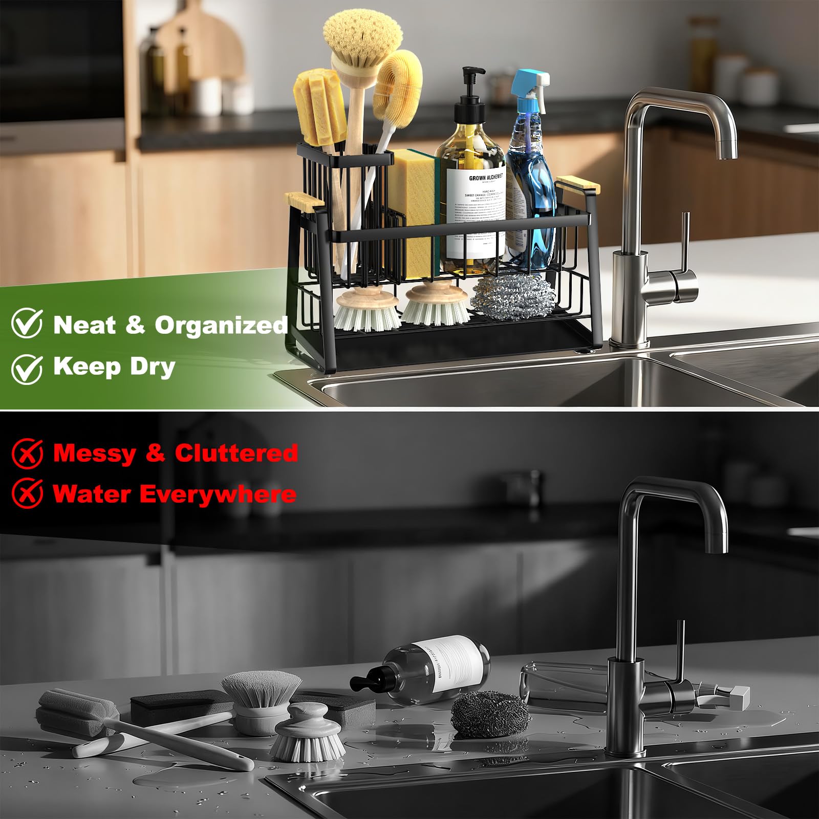 Housolution Portaspugna per Lavello Cucina, Organizer per Lavello 2 Livelli con Portaspazzole Alto e Flessibile, Accessori per Stoccaggio del Piano Cucina, Porta Dispensatore di Sapone, Antiruggine