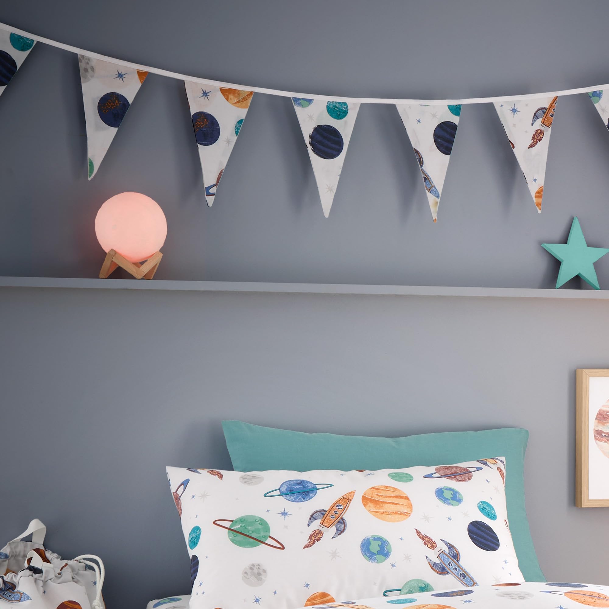 Happy Linen Company Girls White Boys Kids Cosmic Planets 3.1 Metre Double Sided Bedroom Bunting Banner Triangle Flags
