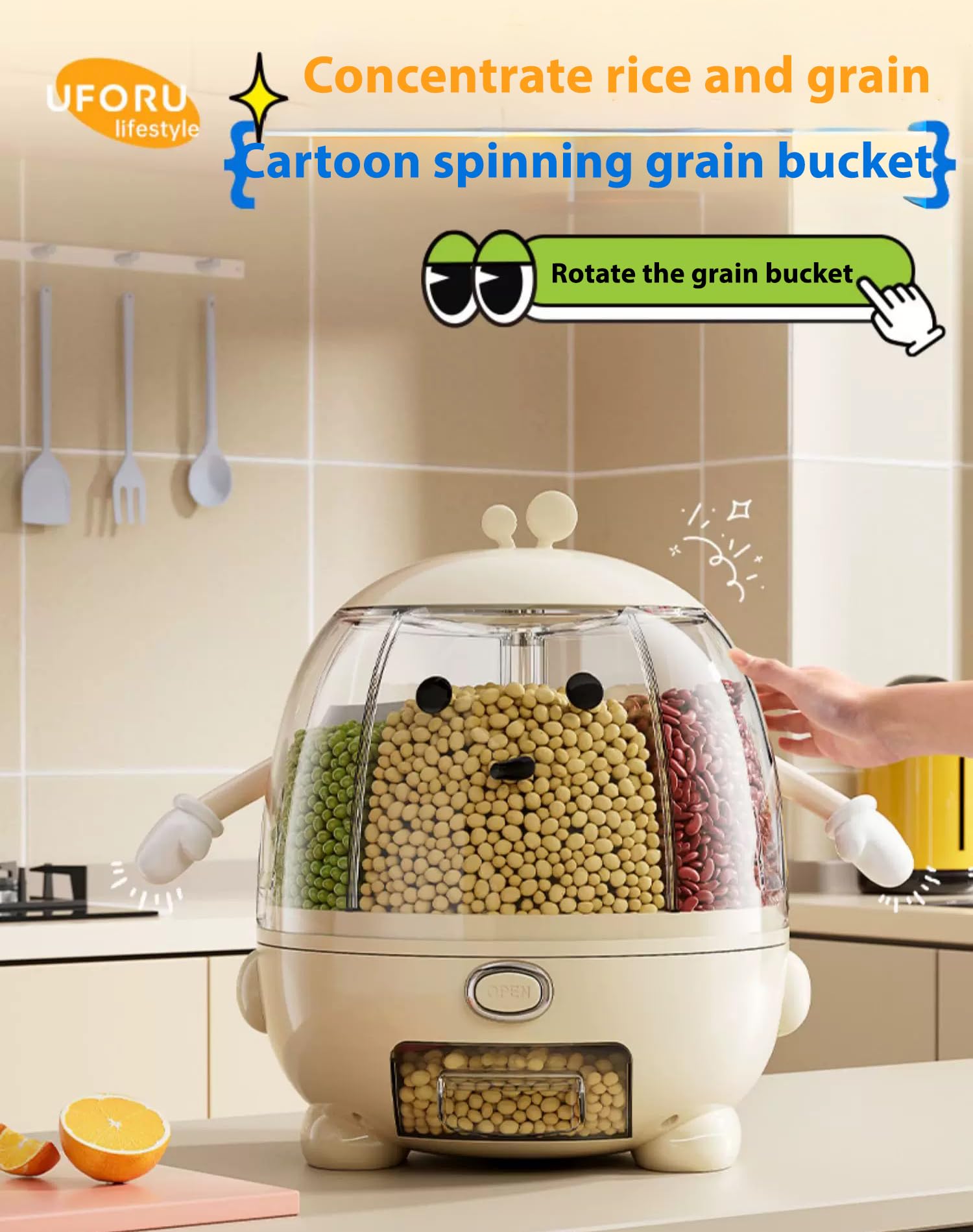 20Lbs Cute Cartoon Grain Dispenser – 360° Rotating Rice & Bean Storage Container with Sealed Lid, Adorable Hands & Feet Design, 5-Grid One-Click Output – Fun & Functional Kitchen Organizer