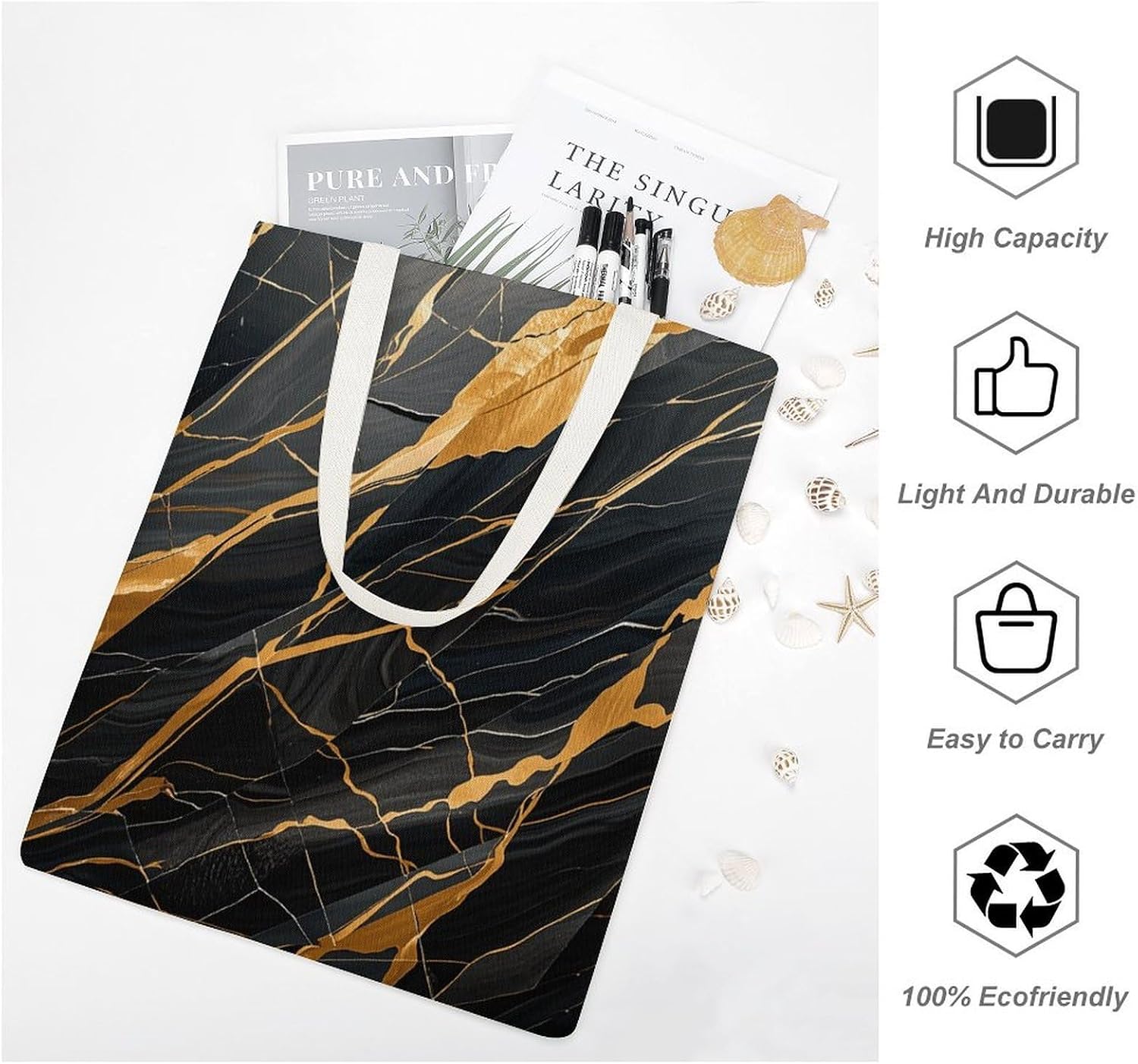 Black Marble Canvas Tote Bag Reusable Grocery Bags Foldable Soft Cotton Shoulder Carry Bag