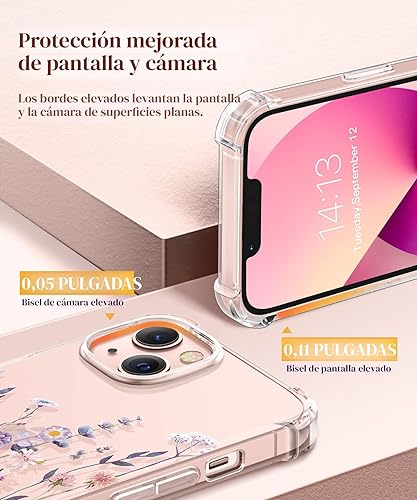 Miniatura 5 de GVIEWIN Funda diseñada para iPhone 13 de 6.1 pulgadas, con protector de pantalla de vidrio templado + protector de lente de cámara, flor