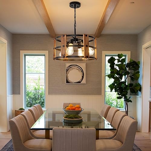 Miniatura 2 de Candelabro rústico de granja, lámpara colgante de 4 luces, altura ajustable, madera vintage marrón, iluminación colgante para entrada, isla de