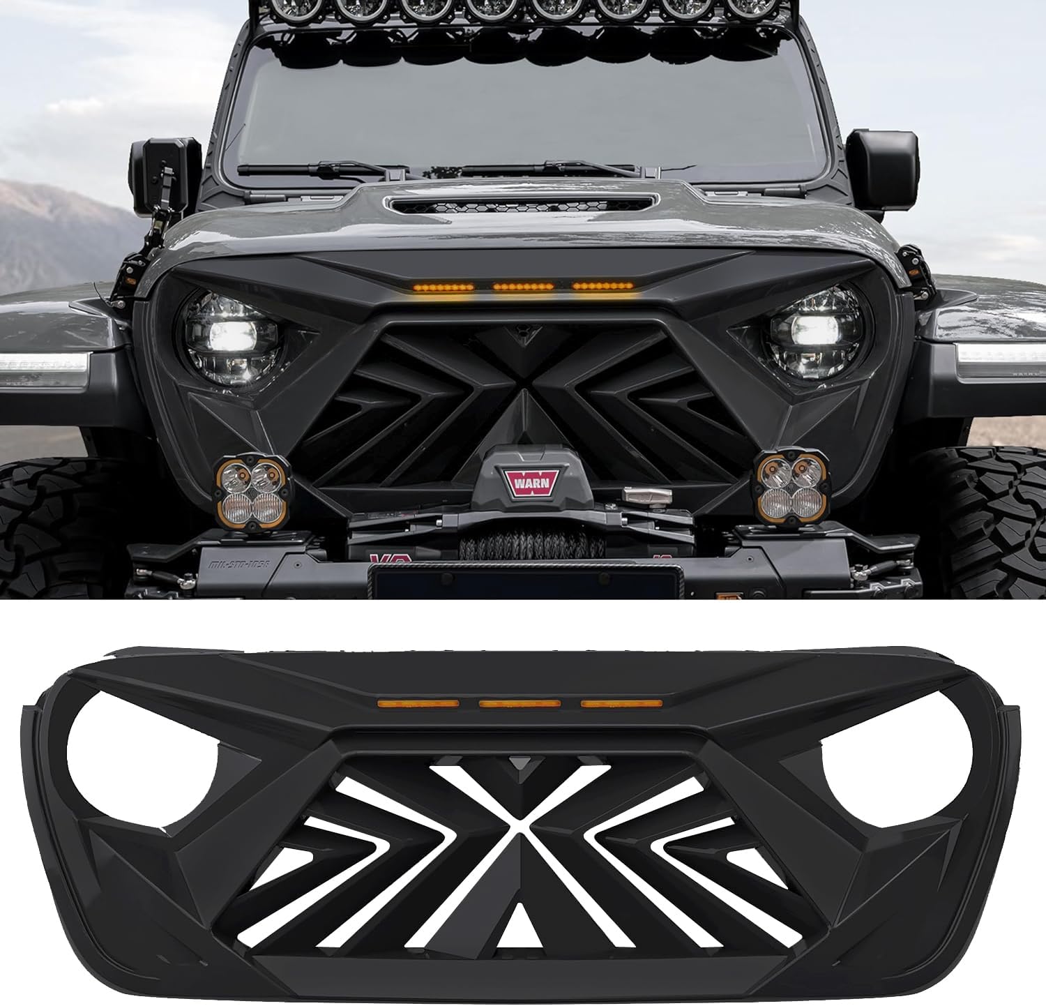Seven Sparta Front Grill with 3 Amber LED Lights Compatible with 2018-2023 Jeep Wrangler JL JLU Gladiator JT, ABS Grille (Matte Black)