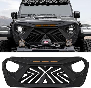 Seven Sparta Front Grill with 3 Amber LED Lights Compatible with 2018-2023 Jeep Wrangler JL JLU Gladiator JT, ABS Grille Matte Black
