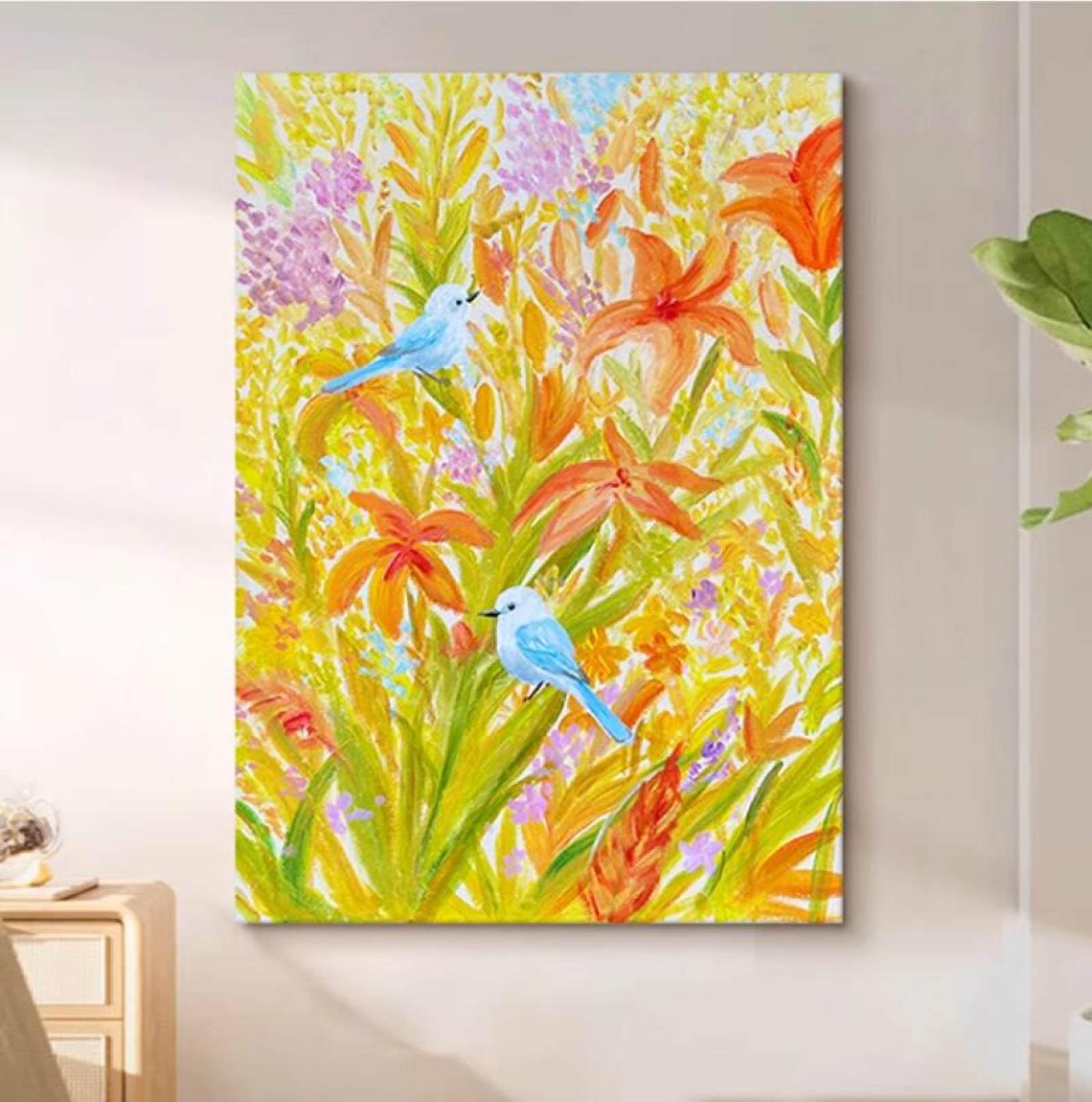Peinture à l'huile motif oiseau abstrait pour sublimer le mur de votre salon cosy