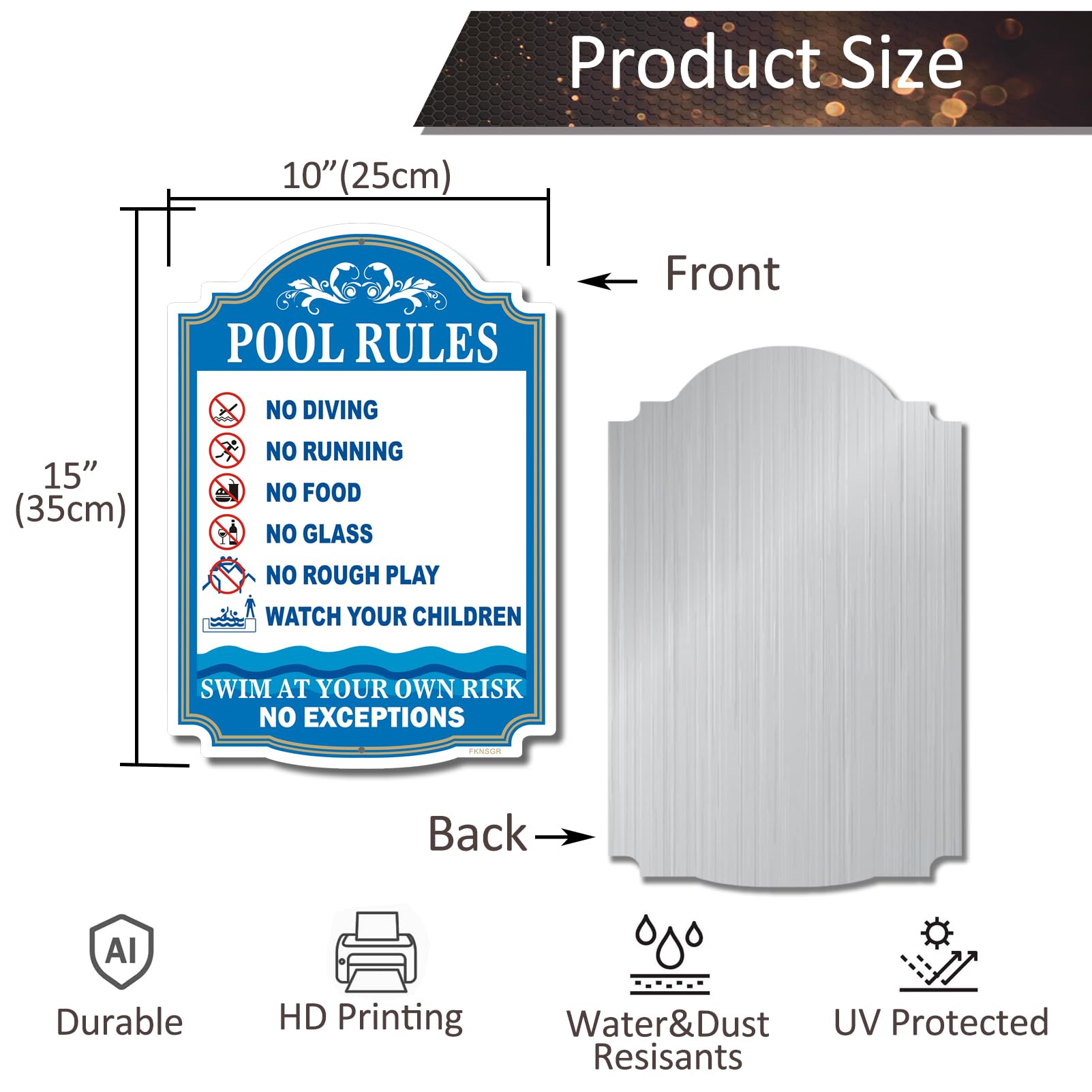 Paquete de 2 letreros de reglas de piscina, 10 x 14 pulgadas, sin óxido, 040 de aluminio, con protección UV, resistente a la decoloración
