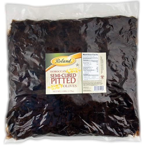 Roland Foods Aceitunas negras curadas con aceite y aceitunas enteras sin hueso bolsa de 5 libras