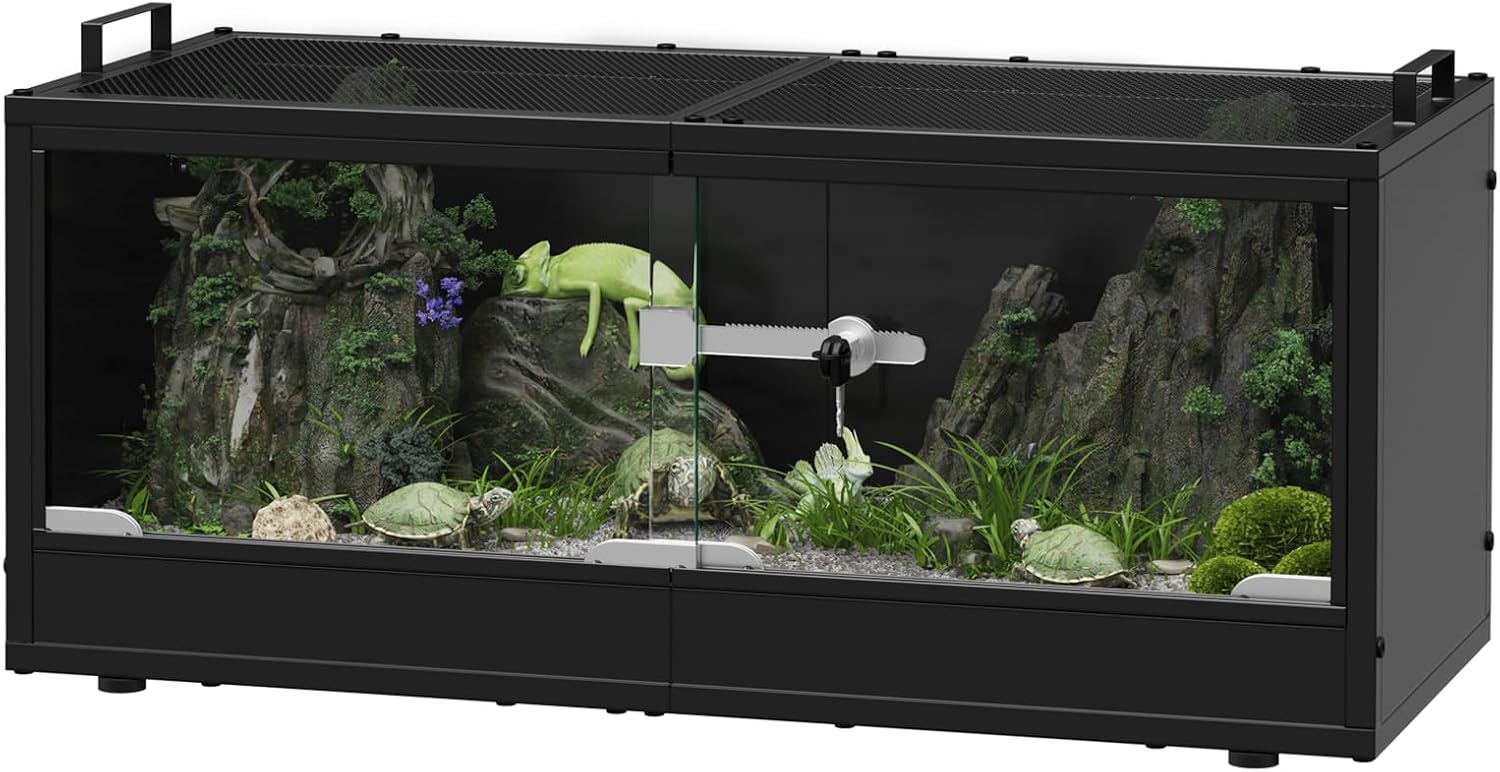 20 Gallon Reptile Terrarium Tank with Sliding Glass Door Bearded Dragon Tank with Top Ventilation Metal Panel Safety Lock Reptile Enclosure for Insect, Geckos, Lizards, Frogs, and Tortoises