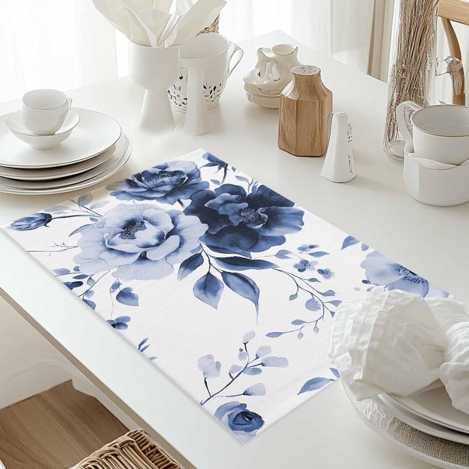 Blue Floral Placemats Set of 8, Elegant Watercolor Flower Table Mat Place Mats for Home Party Table Decorations