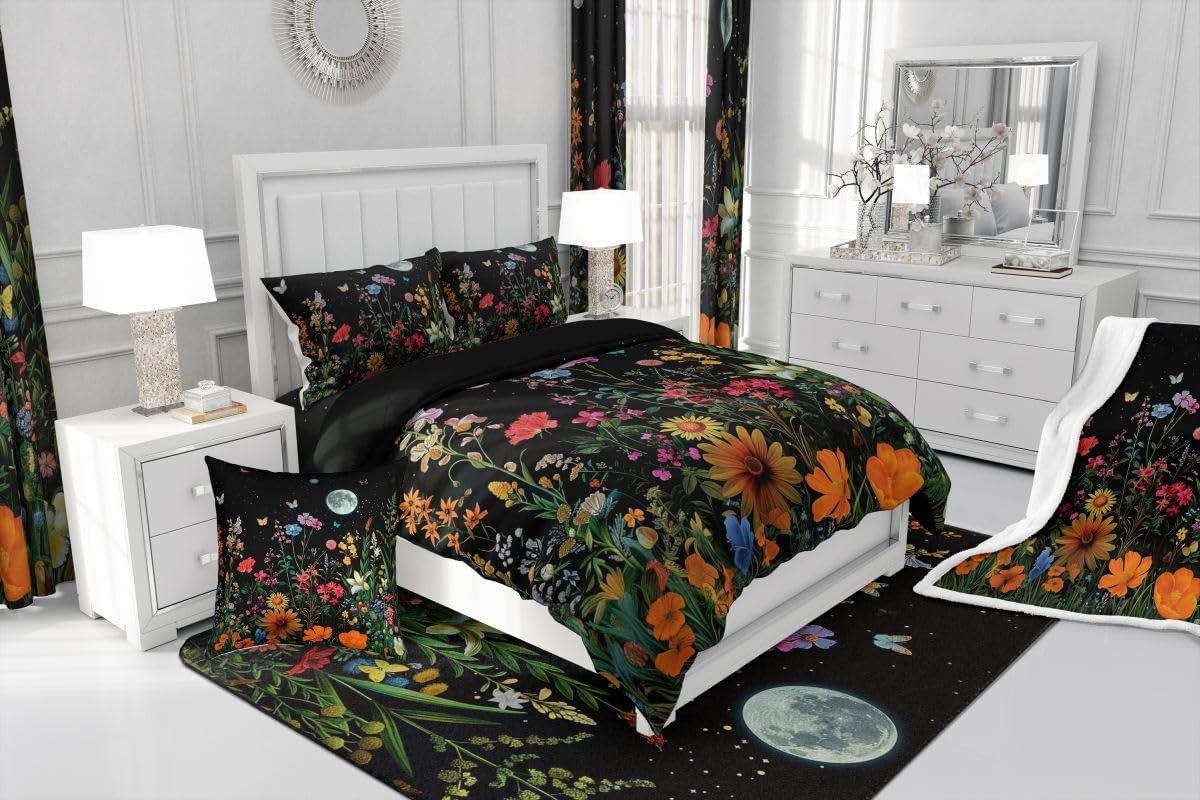 Colorful Flowers Bedspread Twin Size,Moon Starry Sky Bedding for Kids Teens Bedroom Decor,Botanical Floral Plants Coverlet Set,Black Orange Green Quilt Set for All Season,2 Pcs with 1 Pillowcase