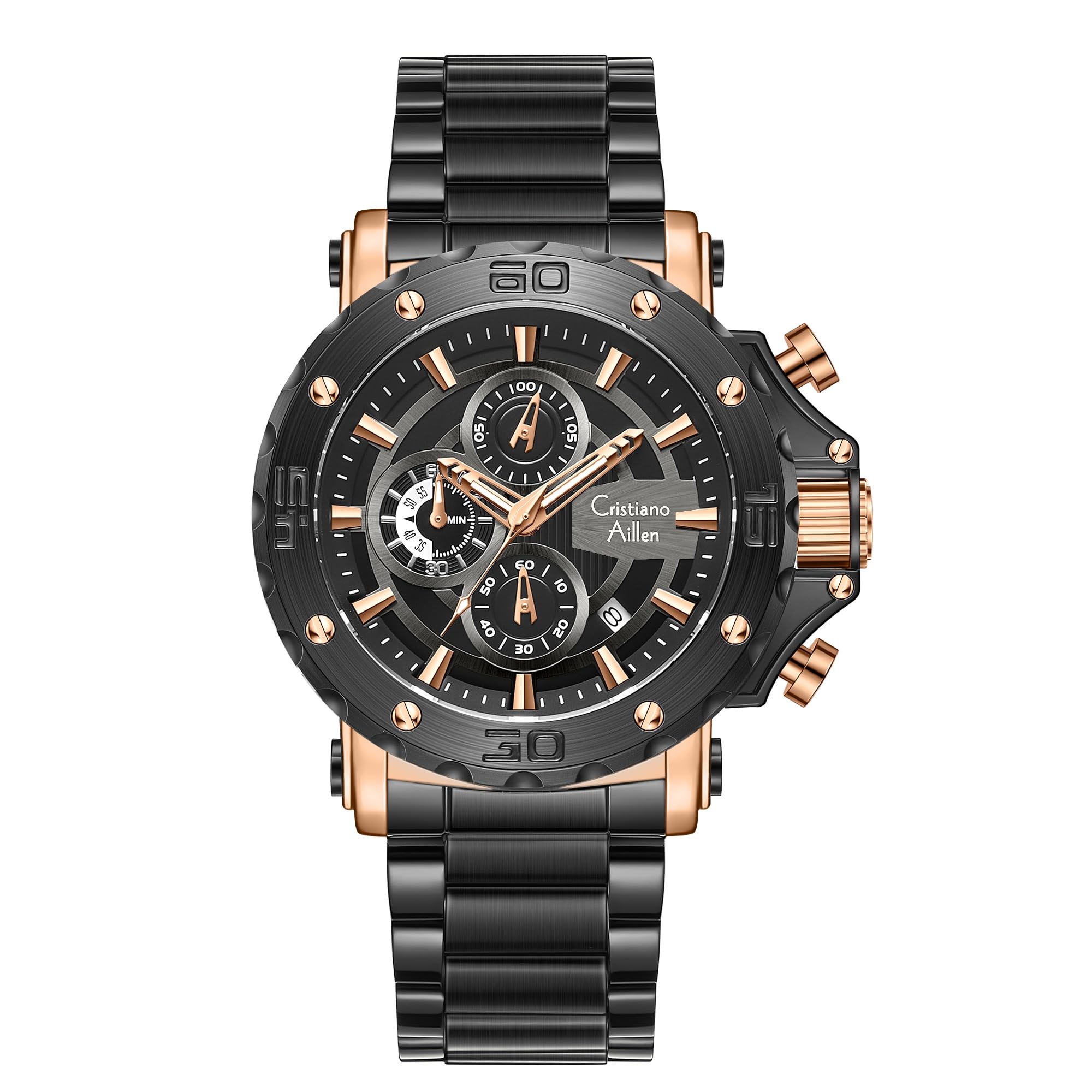 Men's Analog Chronograph Watch for Men with Date Display, Luminous Hands, Water Resistant, Black Dial, Black & Rose Gold Stainless Steel Strap, Casual & Formal Wrist Watch-image-34
