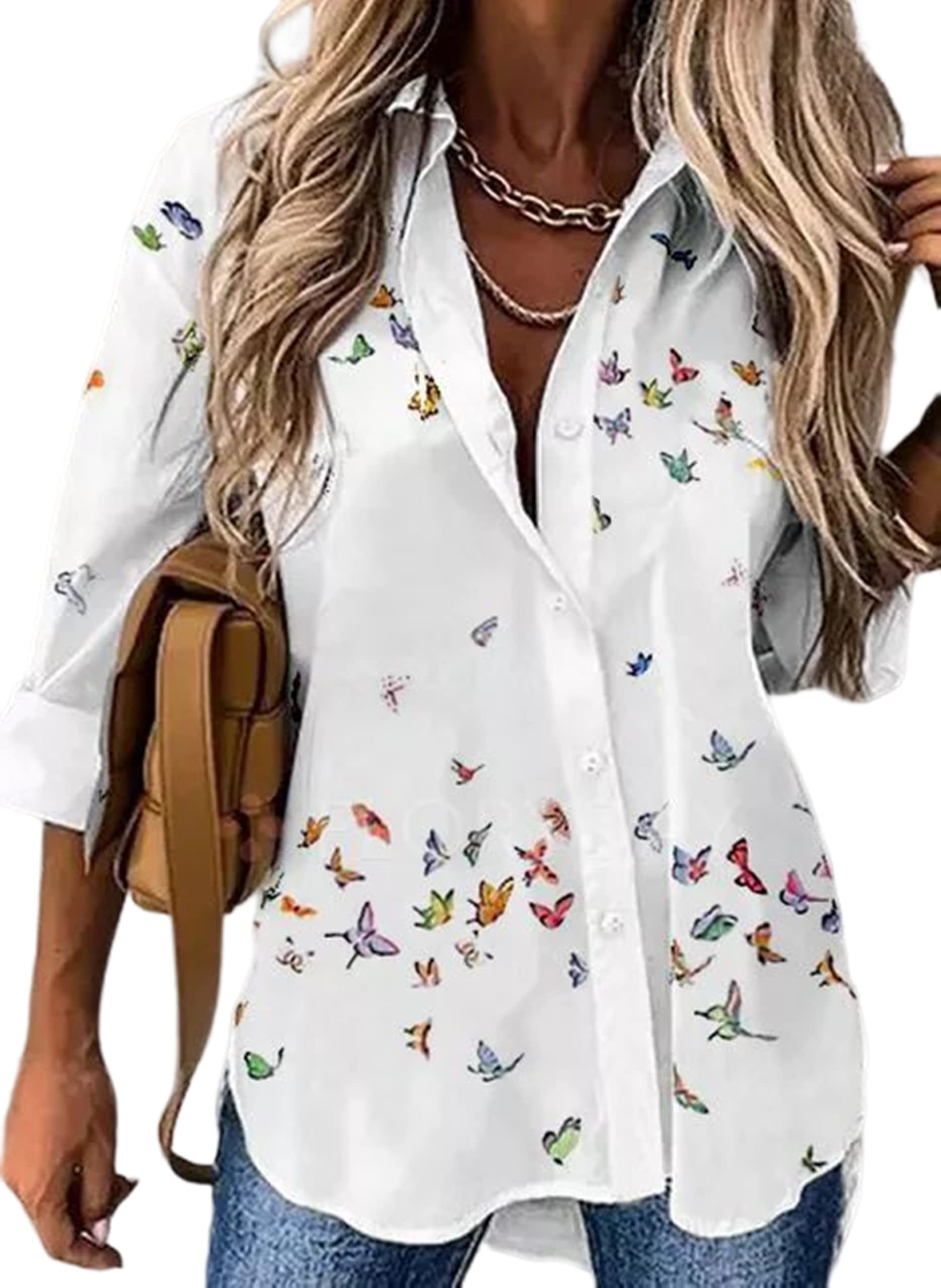 IVERIRMINWomen's Butterfly Blouse for Summer Spring Women Tops Dressy Long Sleeves Floral Button Down Shirts for Work