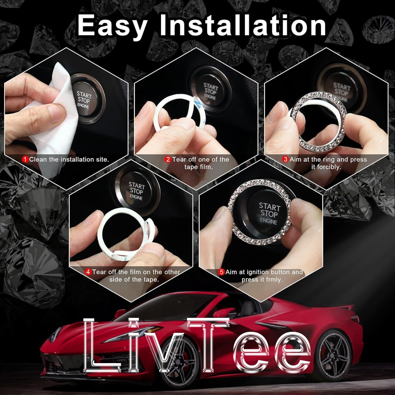 LivTee 2 PCS Crystal Combinatorial Rhinestone Car Engine Start Decoration Ring, Push to Start Button Cover Sticker, Bling Car Interior Accessories for Women, Automotive Decals, Dark Blue image 2