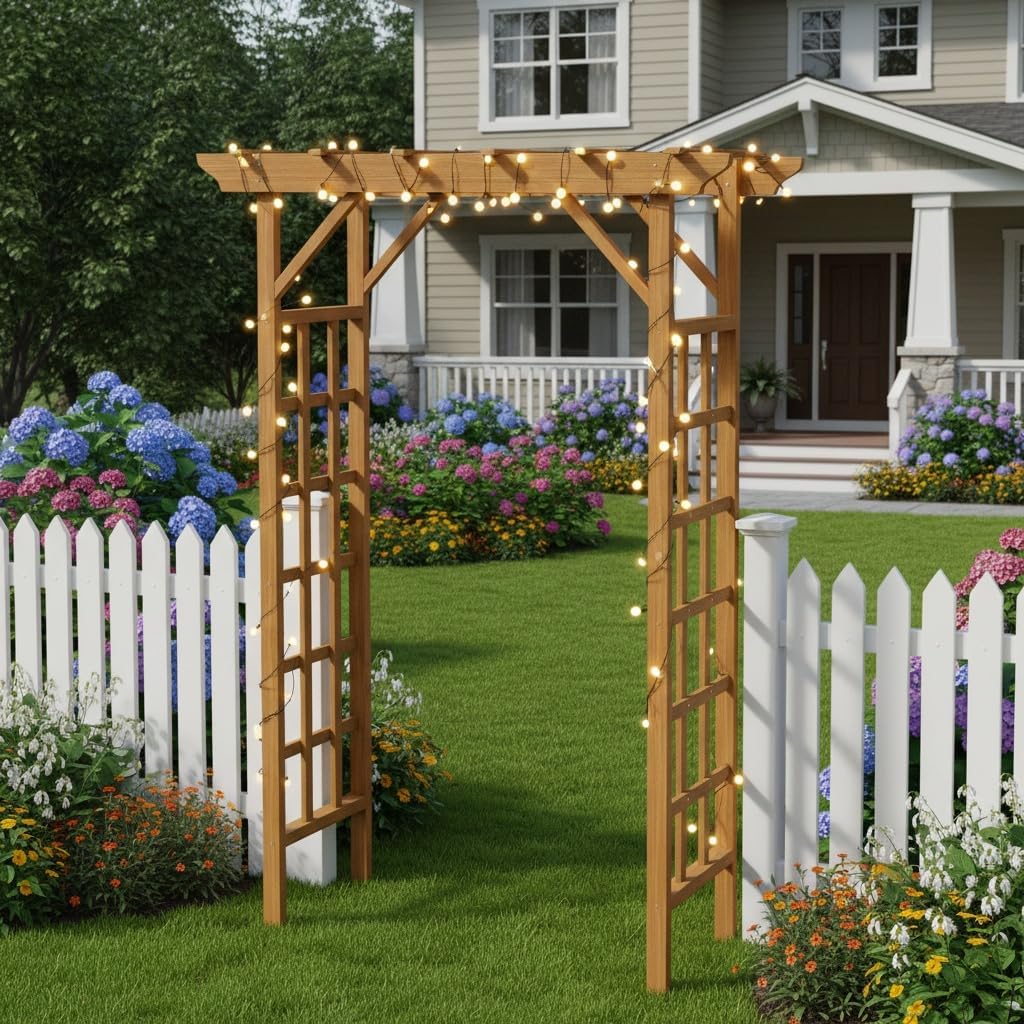 85 Inch Wooden Garden Arch, Rustic Pergola & Plant Trellis – Outdoor Wedding Archway Ceremony Decor, Garden Arbor for Backyard Lawn Courtyard Patio or Christmas Decoration (Light Brown, 57 * 22 * 85)