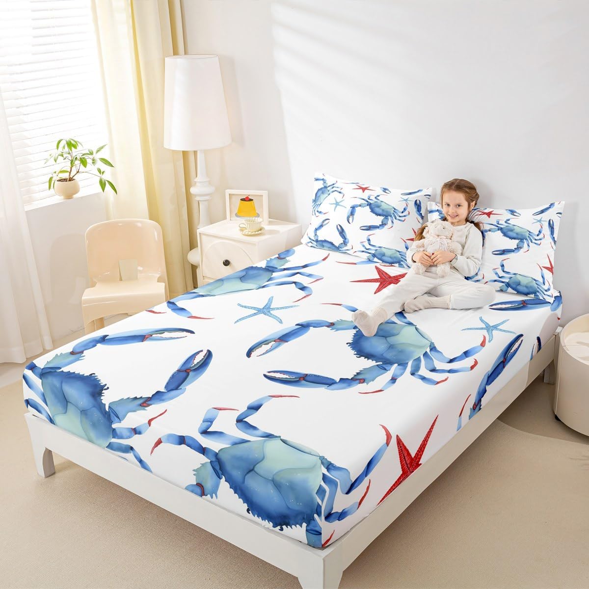 Feelyou Beach Crab Fitted Sheet Boys Girls Starfish Bedding Set Kids Teens Ocean Marine Themed Bed Sheet Set Sea Creatures Bed Cover Room Decor Twin Size