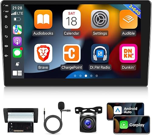 [2G+64G] 10.1 pulgadas Android 13 Single Din y Doble DIN Estéreo de Coche Pantalla Táctil Carplay Radio, Wired&Wireless CarPlay/Android