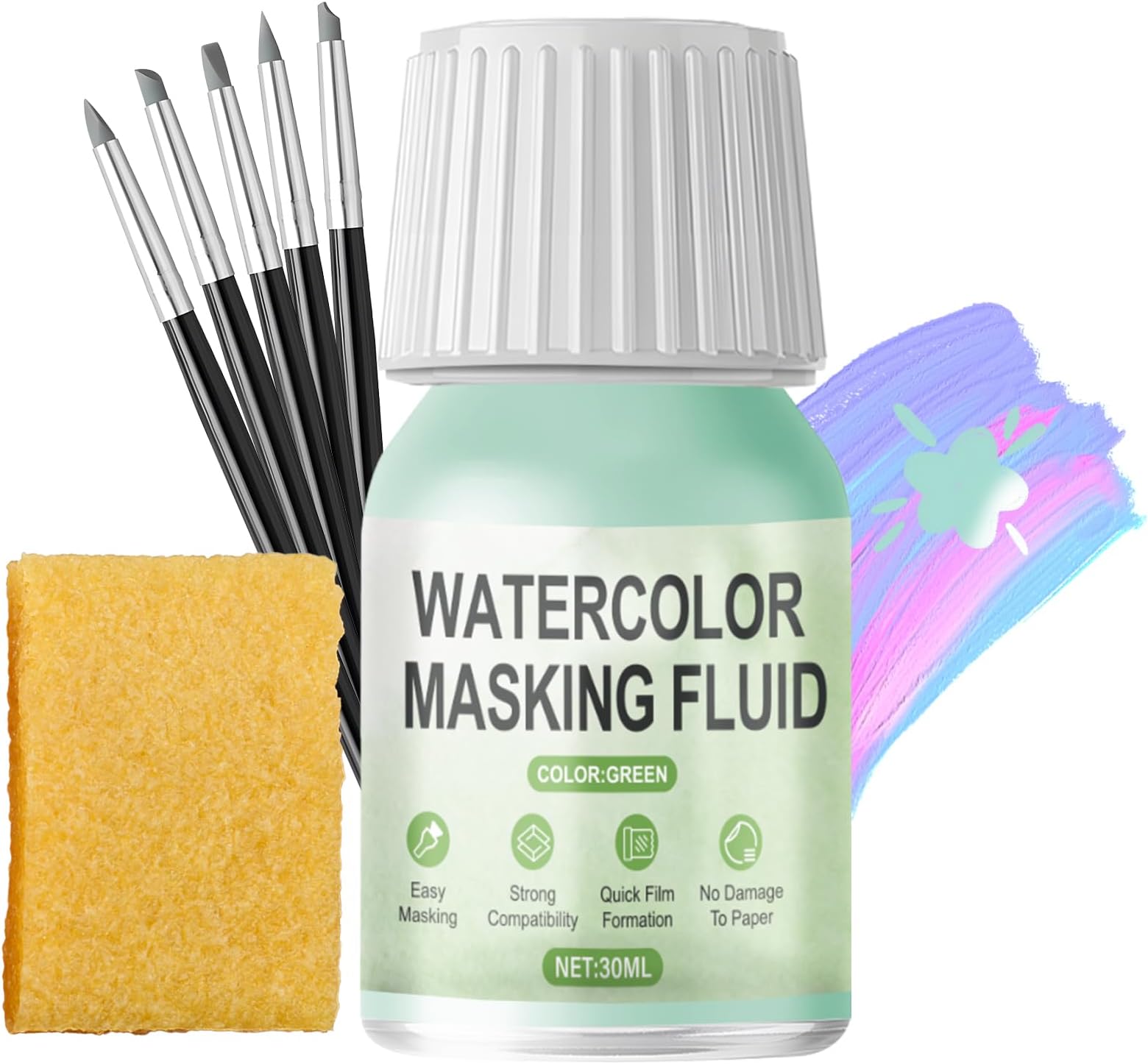 Masking Fluid for Watercolour Painting, Liquid masking fluid Include 5 masking-Fluid Pen, Liquid Maskings Tape, Keeps Areas Free of Colour and Edges Crisp, Green- 30ml