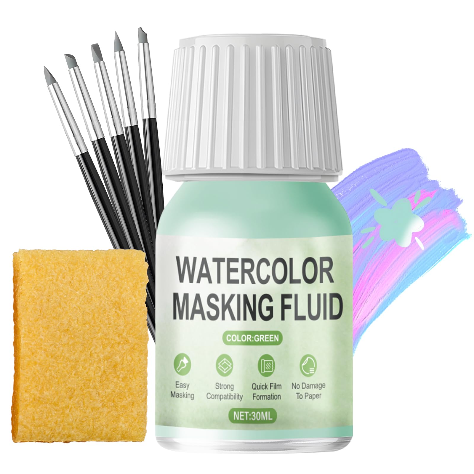 WEILAOK Masking Fluid for Watercolour Painting, Liquid masking fluid Include 5 masking-Fluid Pen, Liquid Maskings Tape, Keeps Areas Free of Colour and Edges Crisp, Green- 30ml