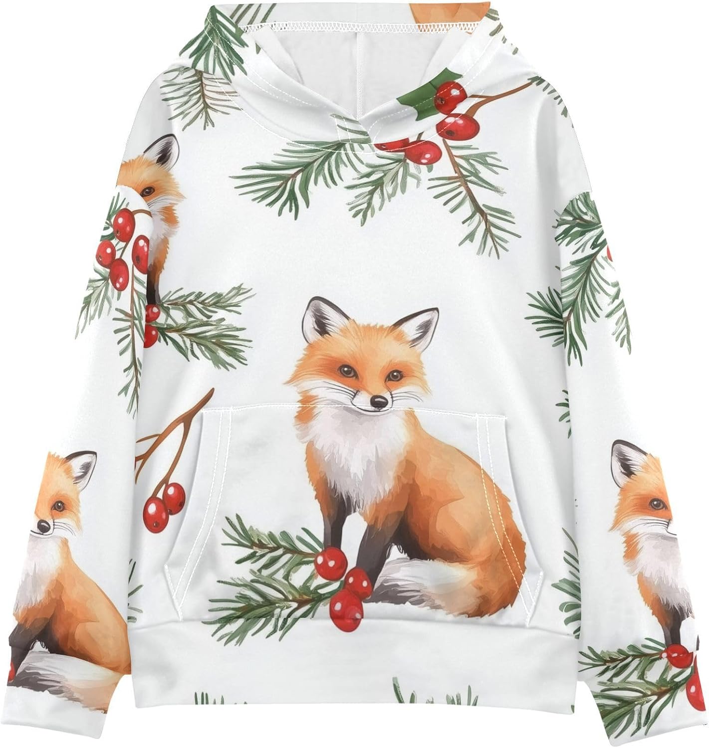 ZZXXB Christmas Berry Fox Kids Sweatshirts Boys Girls Hooded Kangaroo Pocket Pullover Tops XS-XXL