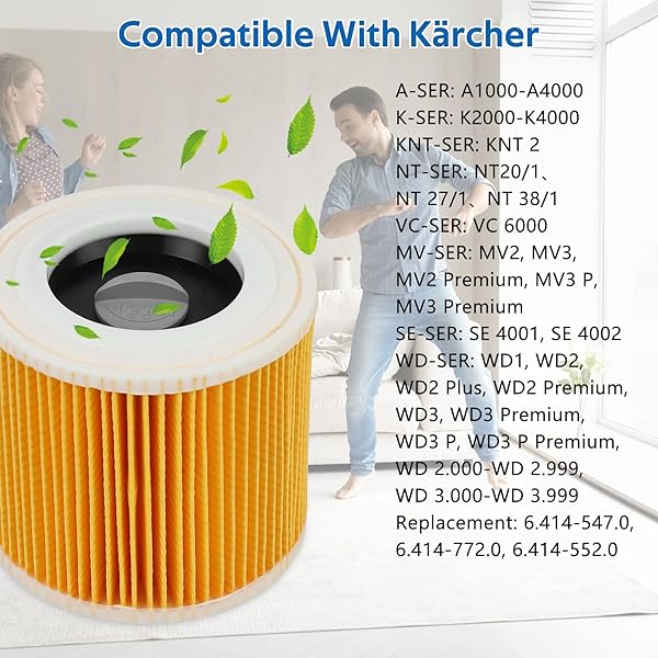 2 Filtro de Cartucho, Filtro Karcher WD3 Compatible con Aspiradoras Kärcher WD3, WD2, WD1, MV3, MV2, A, K, KNT, NT, SE, VC, Reemplaza 6.414-552.0, para 2 Tornillos de Fijación para Alérgicas - 2