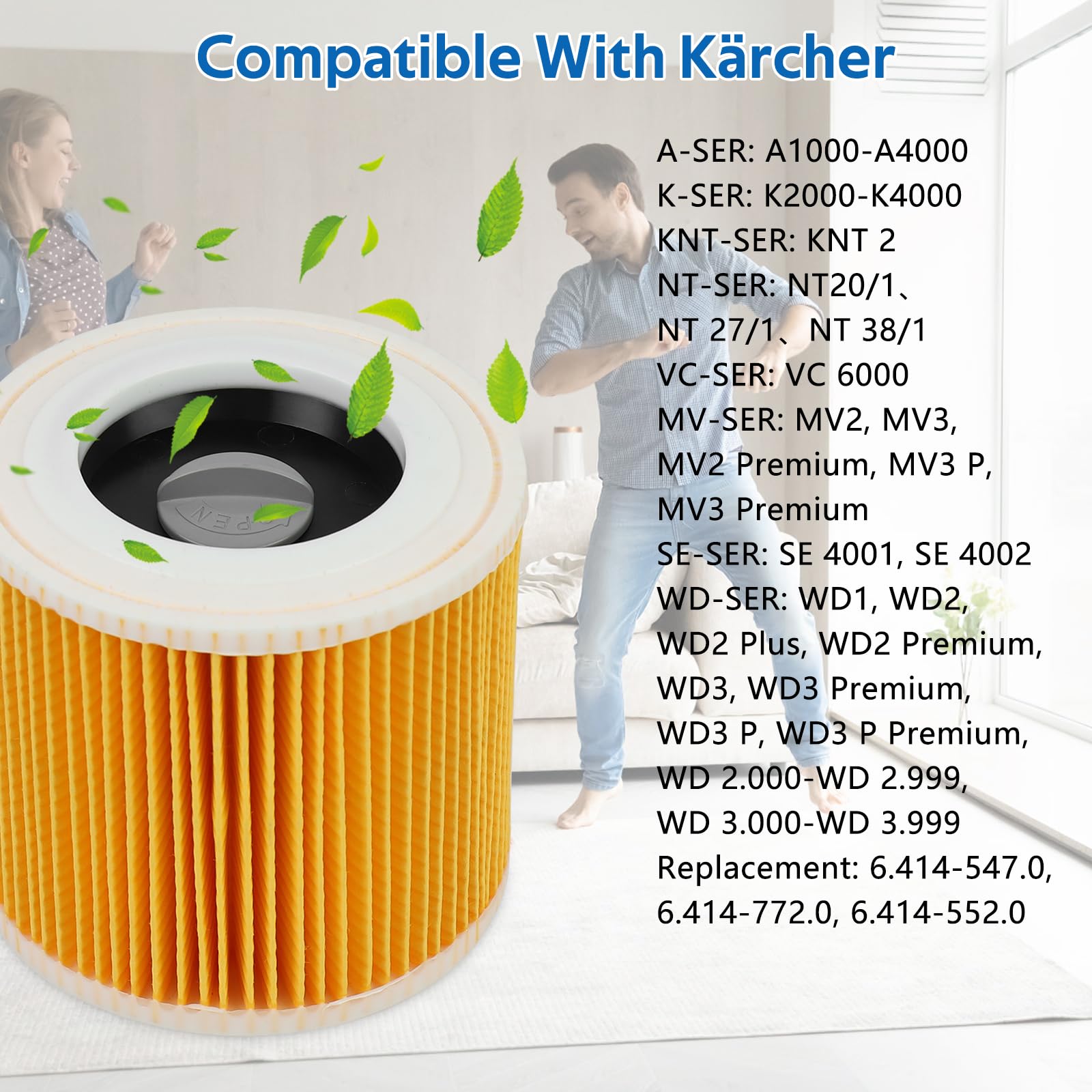 2 Filtro de Cartucho, Filtro Karcher WD3 Compatible con Aspiradoras Kärcher WD3, WD2, WD1, MV3, MV2, A, K, KNT, NT, SE, VC, Reemplaza 6.414-552.0, para 2 Tornillos de Fijación para Alérgicas — view 2