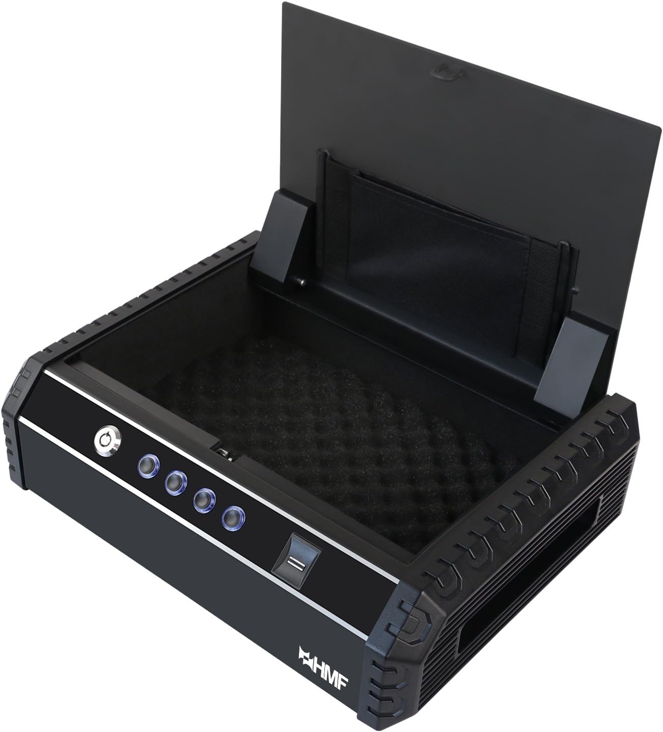HMF 49702-02 Compact Safe with the lid open, showing the empty interior and control panel.