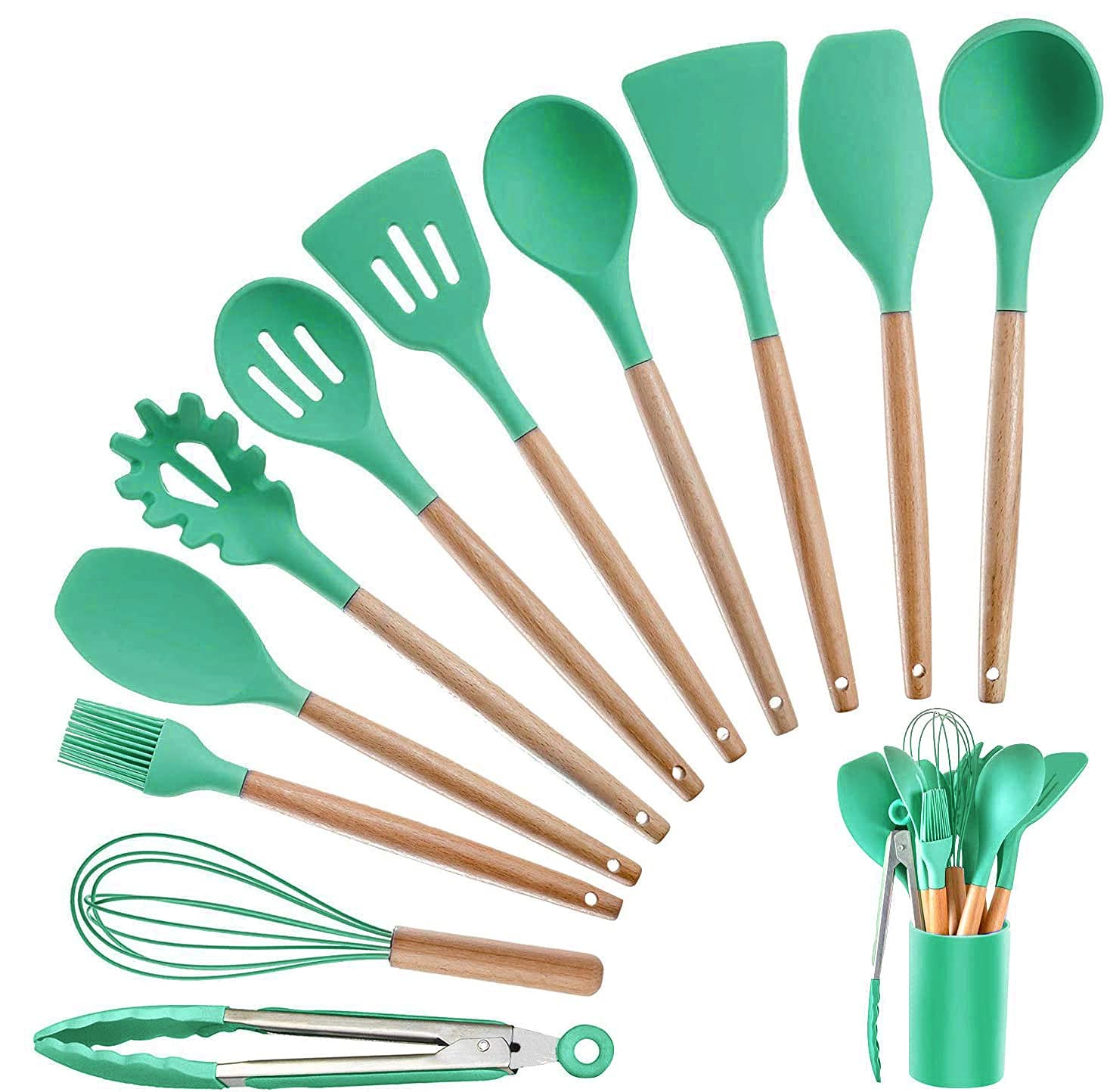 Rubik Kitchen Utensils Silicone 11-Pieces Spatula Set with Organizer Cup Holder, Non-Stick Non-Toxic Cooking Tools Includes Tongs, Spatula, Turner, Ladle and More (Green)
