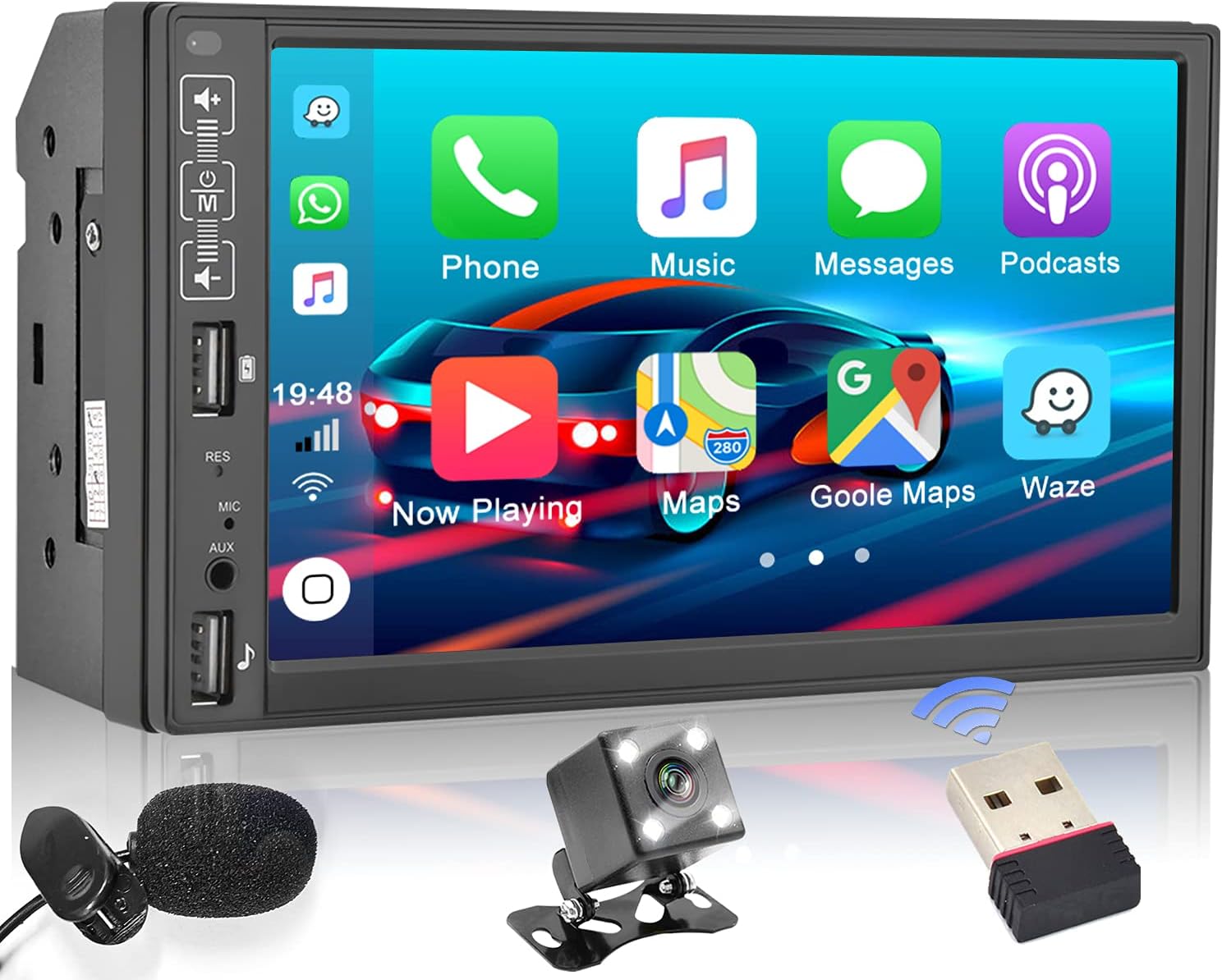 Double Din Car Stereo Comptiable with Apple Carplay Android Auto 2021 Upgrade 7 Inch Touch Screen Car Radio Wireless Mirror Link FM Bluetooth, Microphone + Remote Control + Backup Camera + WIFI Dongle