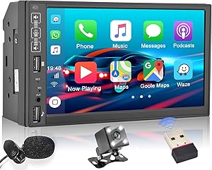 Double Din Car Stereo Comptiable with Apple Carplay Android Auto 2021 Upgrade 7 Inch Touch Screen Car Radio Wireless Mirror Link FM Bluetooth, Microphone + Remote Control + Backup Camera + WIFI Dongle