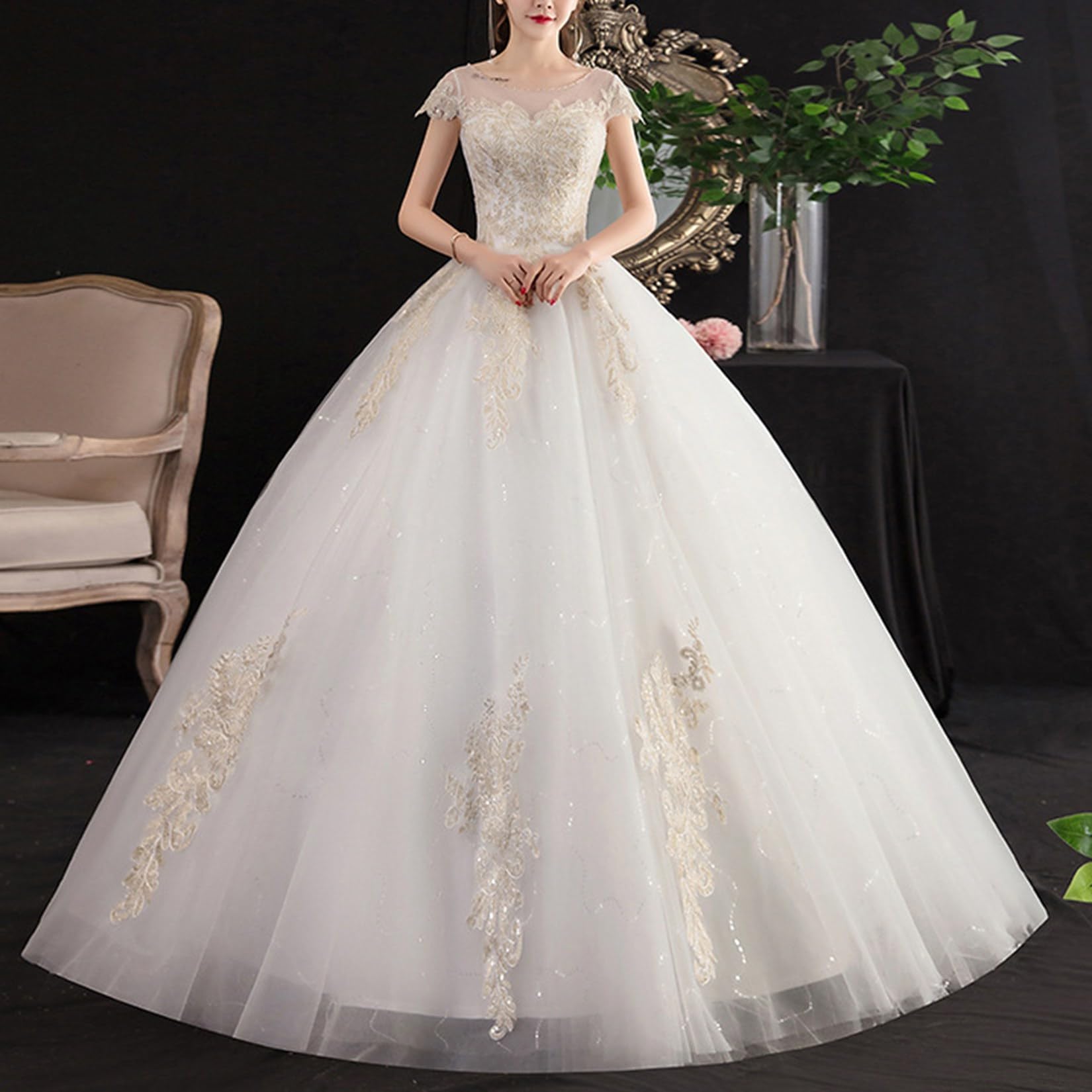 Vestido De Novia De Mujer para Mujeres Vestidos De Novia Bordados Bordados Manga Corta Vestidos De
