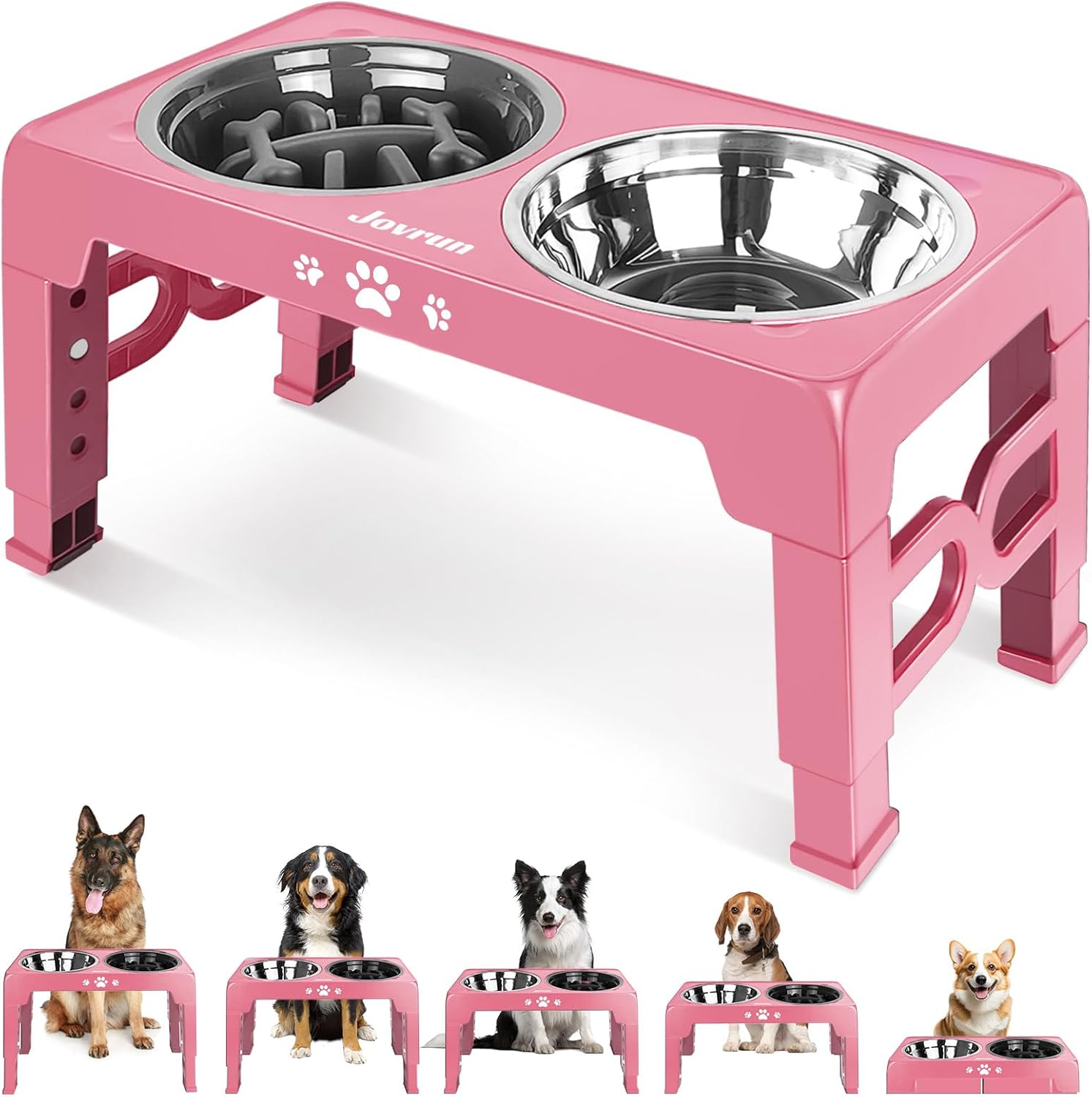 Elevated Dog Bowls, Dog Feeder with Stainless Steel Dishes & Slow Feeder Bowl, 5 Heights Adjustable Raised Stand for Medium Large, Food Dishes with Non-Slip Feet For Medium Large dogs without Mat Pink